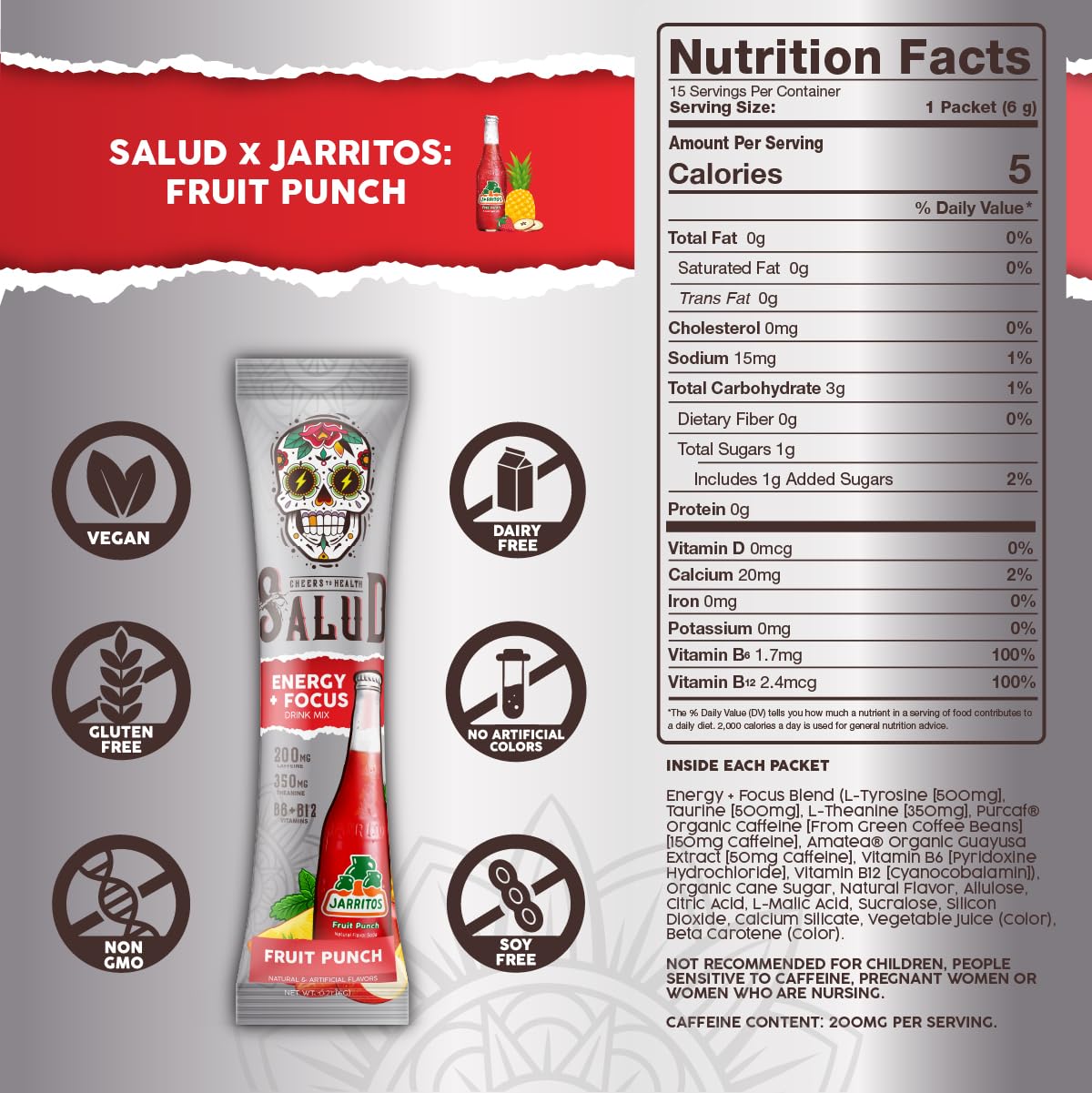 Salud 2-in-1 Energy + Focus Drink Mix, Hibiscus | Organic Caffeine, B6 + B12, Theanine, Clean Energy Packets, Agua Fresca Mix, Non-GMO, Gluten Free, 1g of Sugar (15 Servings)