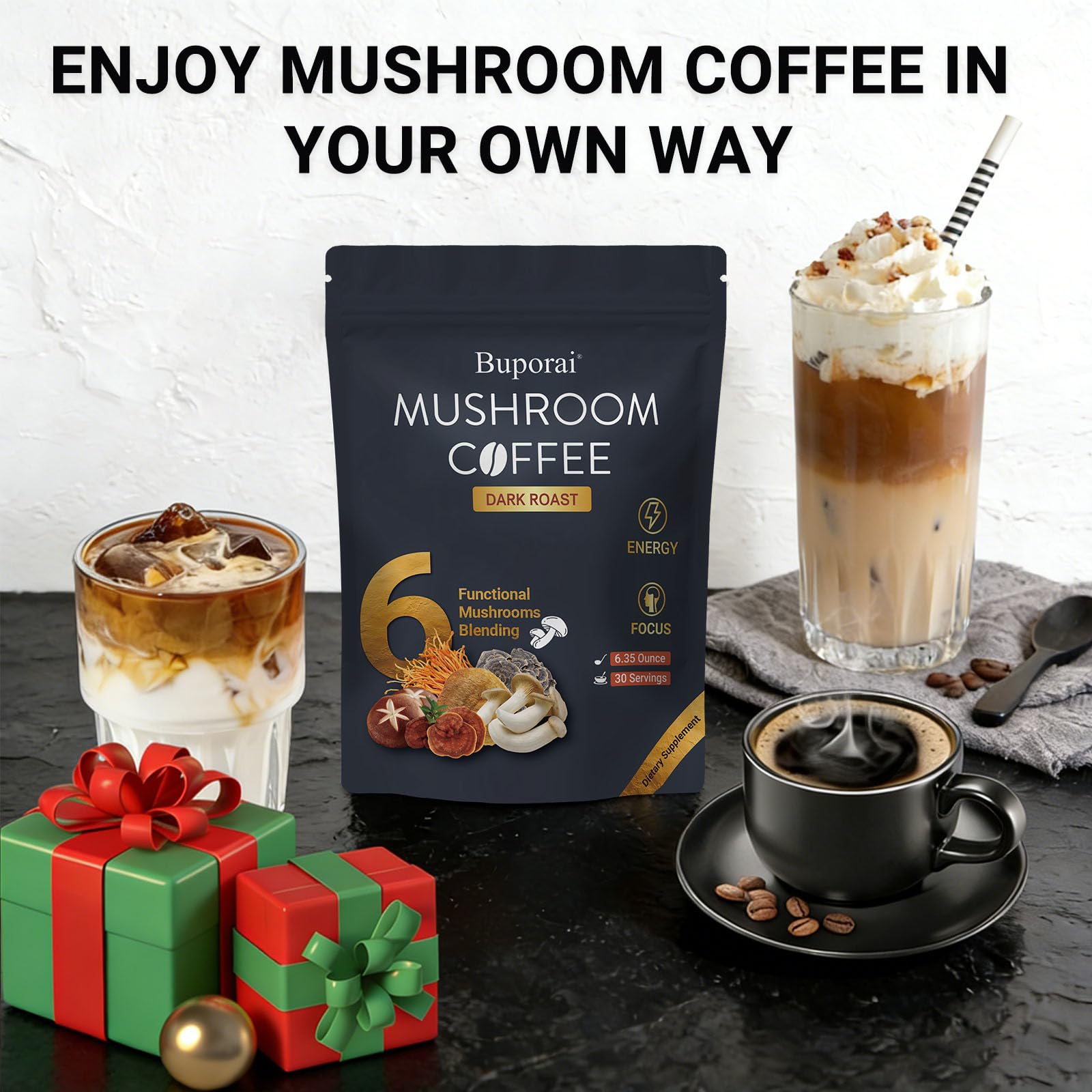 Mushroom Coffee, Instant Mushroom Coffee Organic with 6 Mushrooms Lion’s Mane, Cordyceps, Turkey Tail & Other for Energy, Focus, Digestion, Immunity, 35 Servings