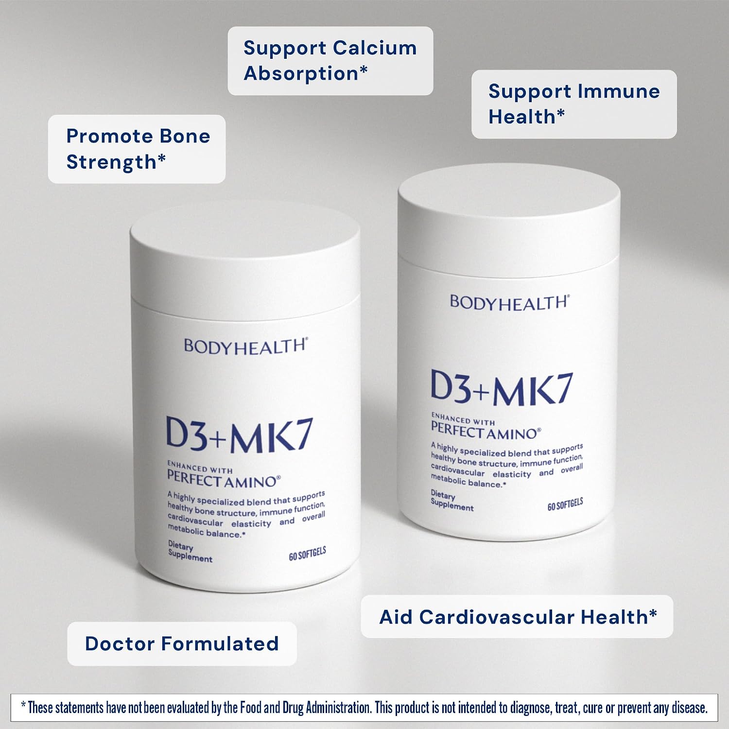 BodyHealth D3 + MK7 - Vitamin D3 5000IU, Vitamin K1, Vitamin K2 - Easy to Swallow Supplement, Supports Bone Strength & Calcium Absorbtion* - 60 Softgels