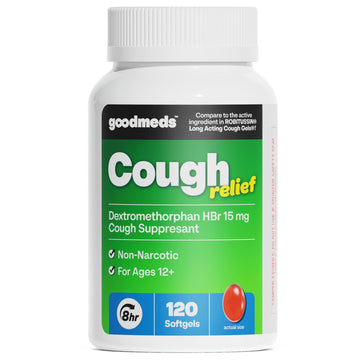 GoodMeds Cough Relief for Adults Softgels Dextromethorphan HBr (DXM) 15mg 8Hour, Non-Drowsy, Long-Lasting Bronchial Suppressant for Dry Cough and Chest Congestion (120 Count)