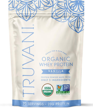 Truvani Organic Whey Protein Powder | Vanilla | 20 Servings | 20g Grass Fed Whey Protein | USDA Organic & Non-GMO | Gluten Free | No Gums, No Soy, No Stevia, No Added Sugars