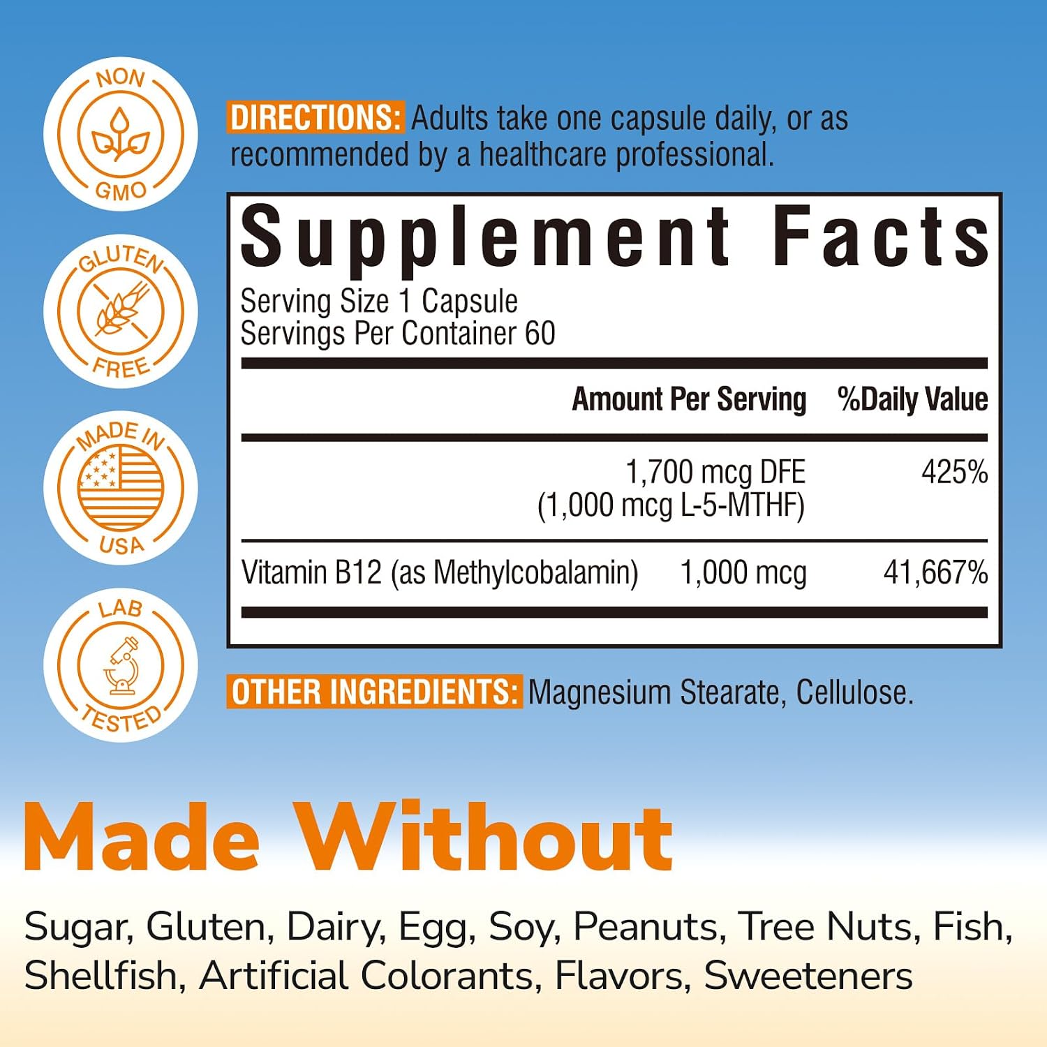 Vitalibre Methyl Folate 1000 mcg, L-5-MTHF with Methylcobalamin B12, Heart & Blood Health, Healthy Nervous System, Energy Support, Vegan, Bioactive Form, Best Absorption, 60 Capsules