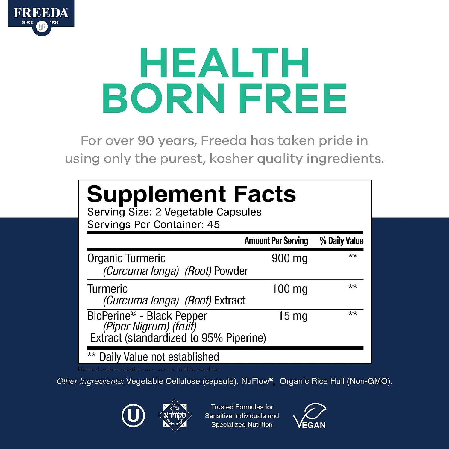 FREEDA Turmeric Curcumin Supplement 1000mg with Black Pepper - 90 Caps | Vegan Turmeric Curcumin Supplement with Organic Turmeric Root, Curcumin Extract & Black Pepper for Daily Mobility