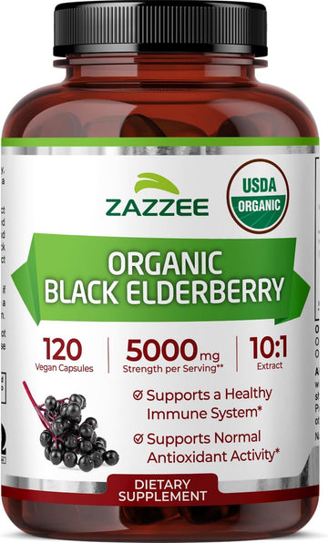 Zazzee USDA Organic Black Elderberry 10:1 Extract, 120 Vegan Capsules, 2 Month Supply, Sambucus Nigra, Antioxidant & Immune Support, Concentrated 10X Extract, All-Natural, Non-GMO, Made in the USA
