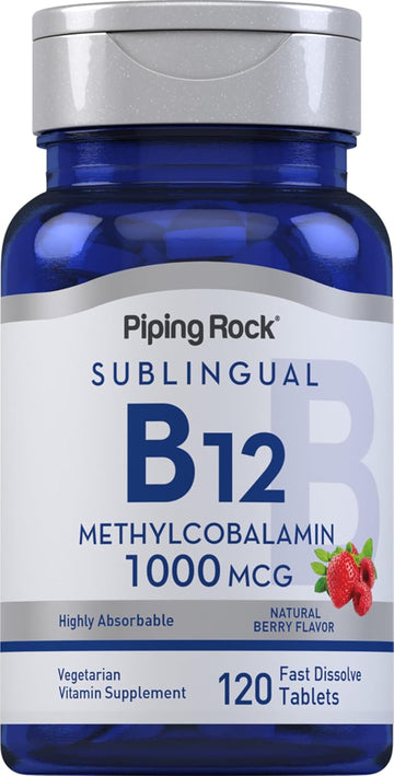 Piping Rock Vitamin B12 1000 mcg Sublingual | 120 Tablets | As Methylcobalamin | Berry Flavor | Vegetarian, Non-GMO, Gluten Free Supplement