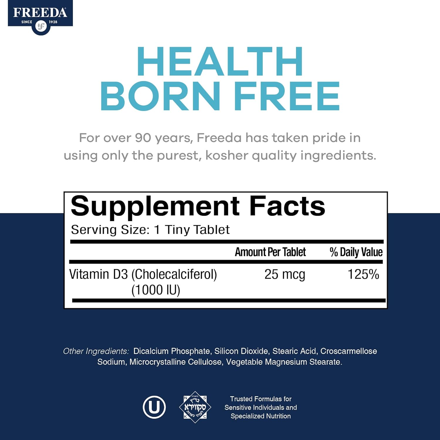 FREEDA Vitamin D3-1000 IU - Pure High Potency Kosher Supplement Tablets - Bone and Muscle Health, Calcium Absorption, Immune Support for Men and Women* - 100 Count | Supports Bone, Muscle & Immune Health – Helps Calcium Absorption – Easy-to-Swallow Tiny T
