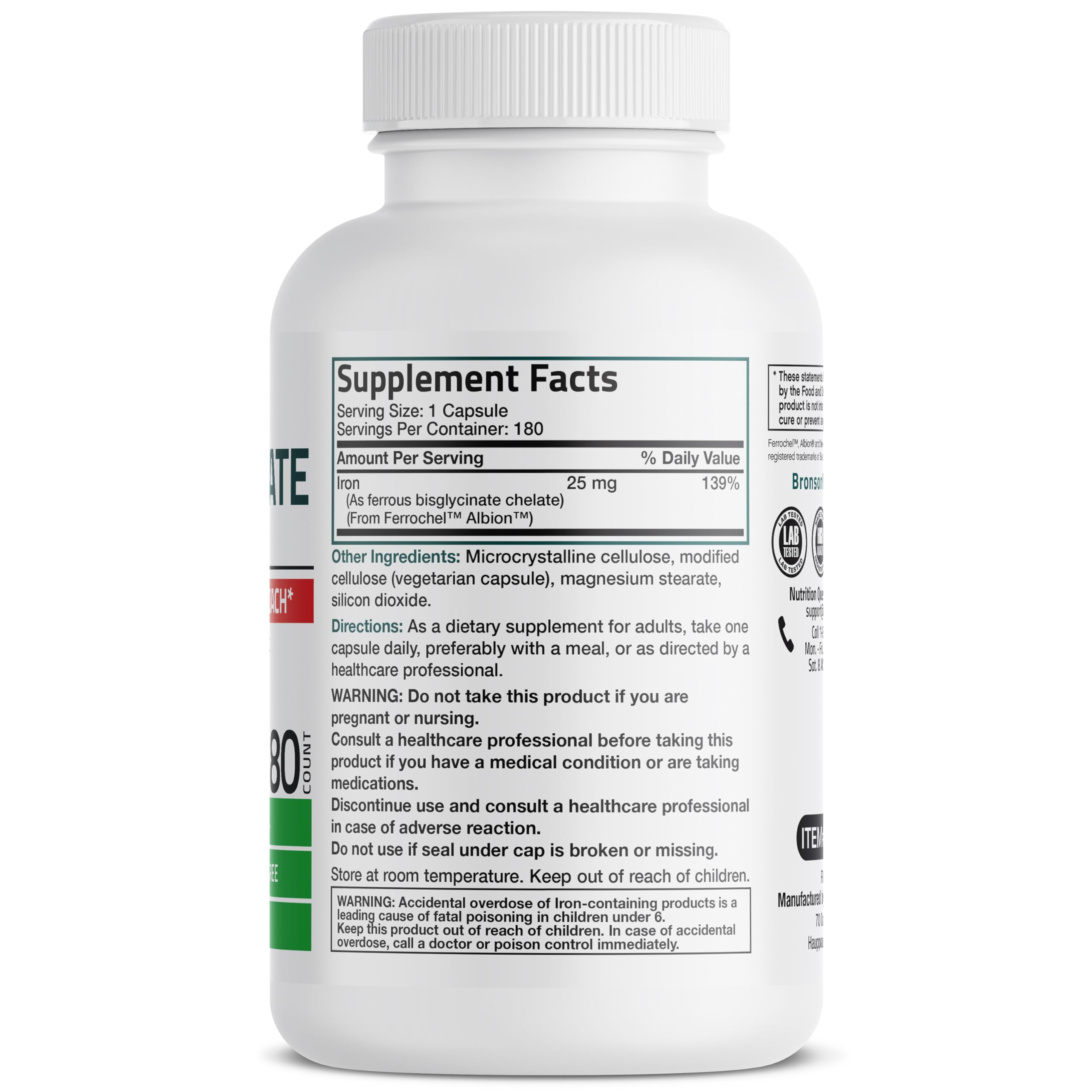 Bronson Iron Bisglycinate 25 mg Gentle on The Stomach, Supports Energy & Healthy Red Blood Cell Production - Non-Constipating Formula - Non GMO, 90 Vegetarian Capsules