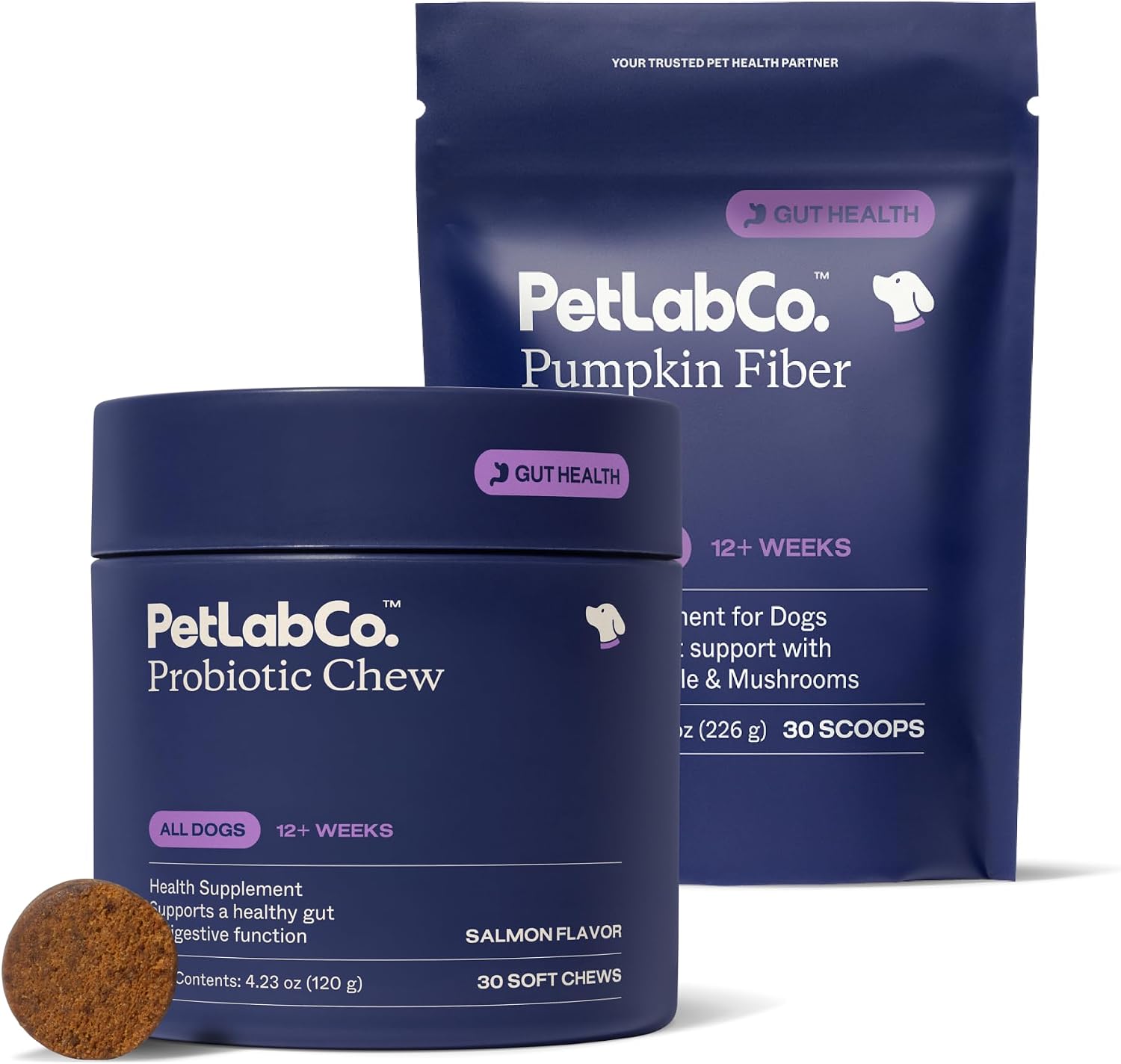 PetLab Co. – Gut & Digest Daily Duo: Pumpkin Powder Blend for Easy Digestion & Firm Stools for Small/Medium/Large Dogs & Salmon‑Flavoured Probiotic Chews to Support Gut & Immune Balance – Easy to Use