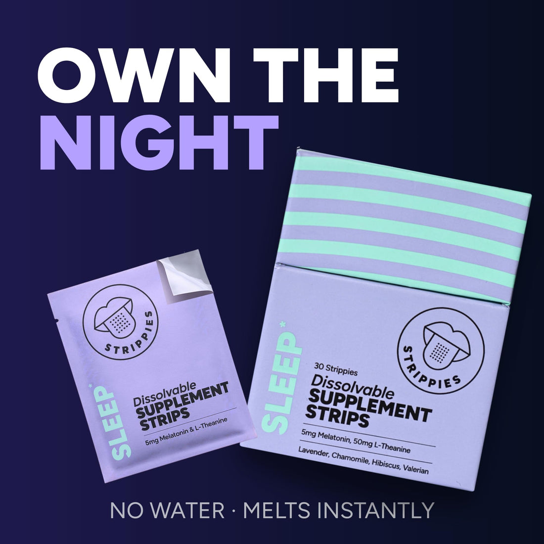 Three boxes of Strippies sleep dissolvable supplement strips on a white background