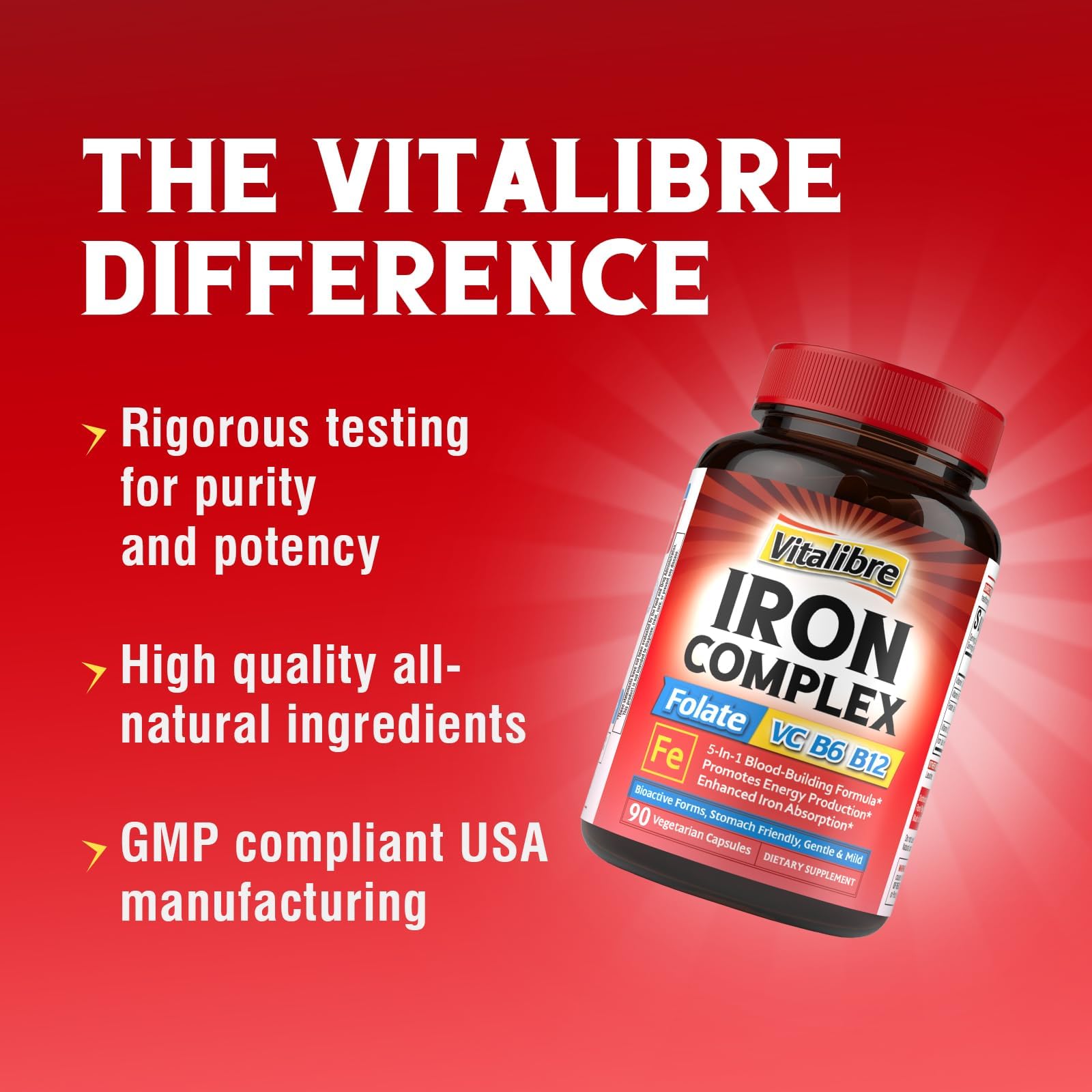 Iron Supplement for Women & Men, with Vitamins C, B6, B12 & Folate | for Iron Deficiency, Blood Building & Energy Support, Stomach Friendly, Better Absorption, Non-GMO, No Gluten, 60 Vegan Caps