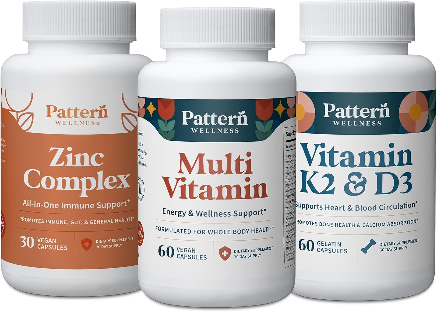 Pattern Wellness Men's Health Bundle - Multivitamin, Vitamin K2 & D3, Zinc Complex - Male Health & Wellness Support - 3 Pack, All-Natural, Plant-Based Formulas