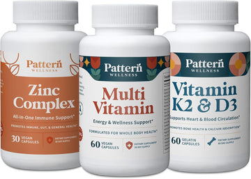 Pattern Wellness Men's Health Bundle - Multivitamin, Vitamin K2 & D3, Zinc Complex - Male Health & Wellness Support - 3 Pack, All-Natural, Plant-Based Formulas