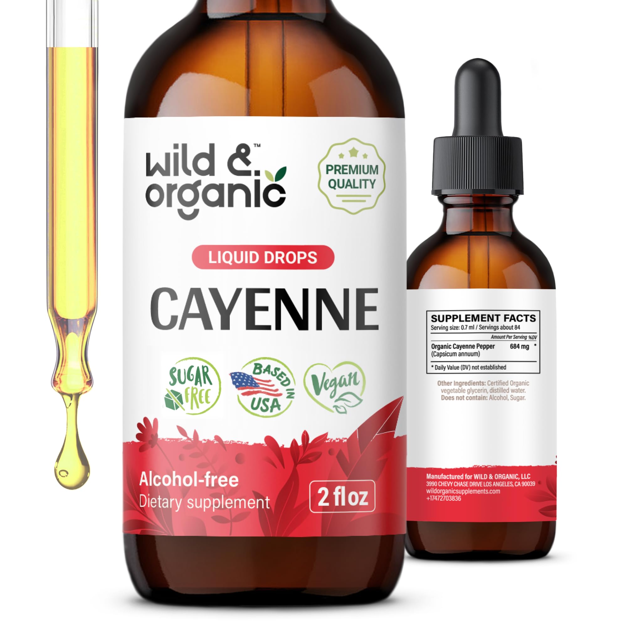 Wild & Organic Cayenne Pepper Drops - Antioxidant & Digestive Support - Capsaicin Supplements - Fast Absorbing Liquid Cayenne Pepper Extract Tincture - No Spicy Aftertaste, Alcohol-Free - 4 fl oz