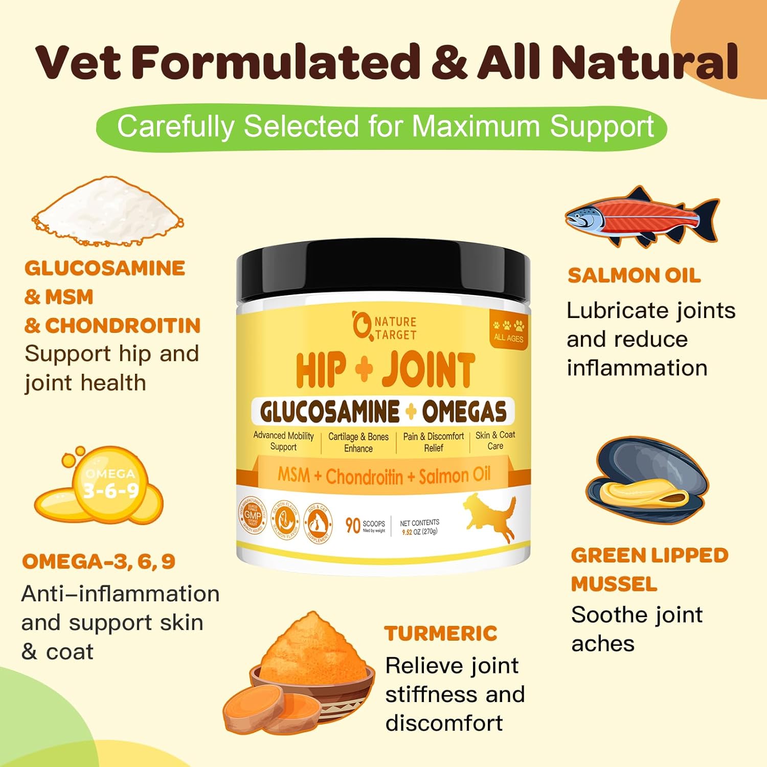 NATURE TARGET Glucosamine for Dogs Powder, Hip & Joint Supplement, 9.52 oz | With Chondroitin, MSM, Turmeric & Omega 3, Supports Hip & Joint Mobility, Joint Pain Relief, for Small, Medium & Large Breeds