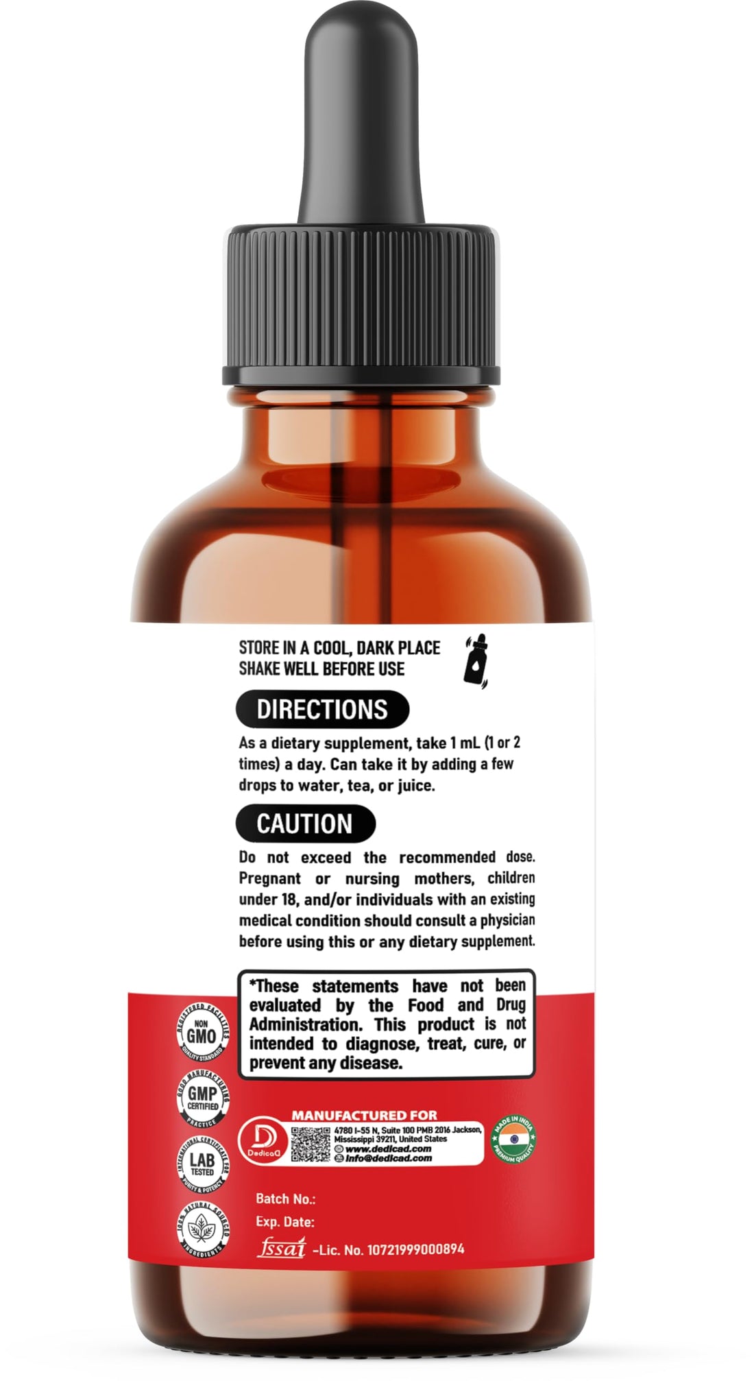 DedicaD Berberine Ceylon Cinnamon Bitter Melon liquid drop bottles with packaging on a white background.
