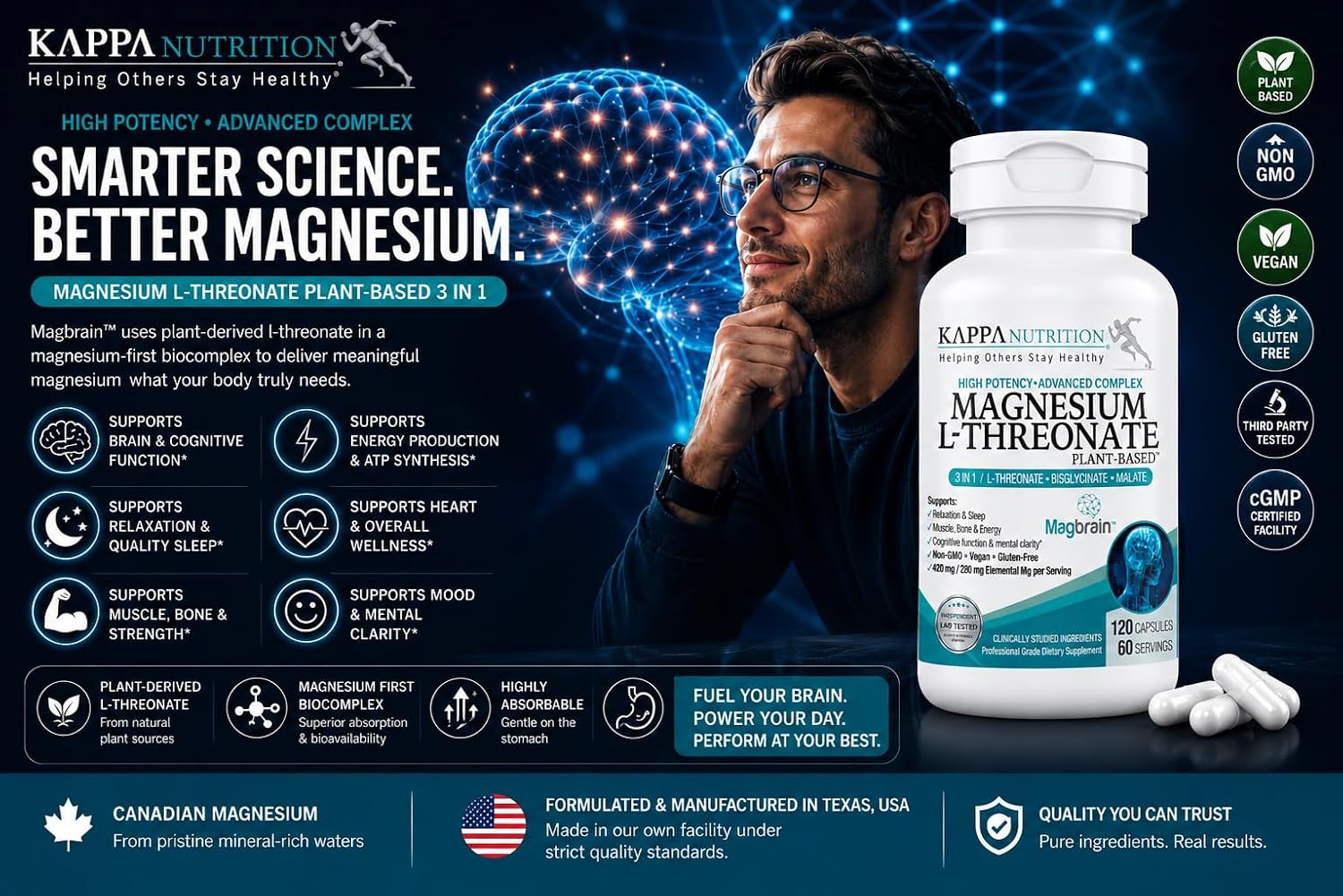 Magnesium L-Threonate Plant-Based 3 in 1 Powered by Magbrain® Magnesium L-Threonate Plant-Based | Magnesium Bisglycinate & Magnesium Malate | Up to 420 mg Elemental Magnesium | 150 Vegan Capsules.