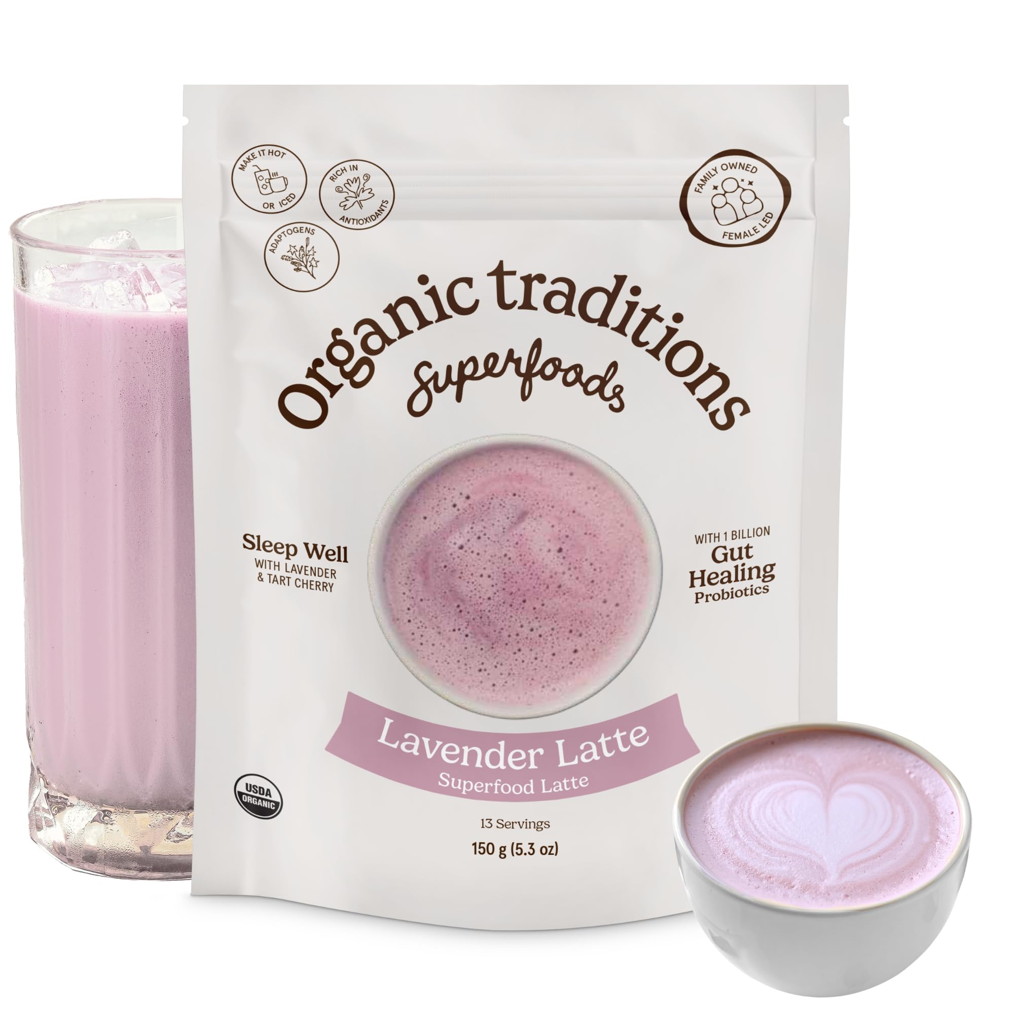 Organic Traditions Lavender Latte Calming Drink Mix, Caffeine Free Latte Blend with Lavender Powder, Tart Cherry, Probiotics, Reishi, and Ashwandha, Evening Beverage for Gentle Wind Down, 150g / 5.3oz
