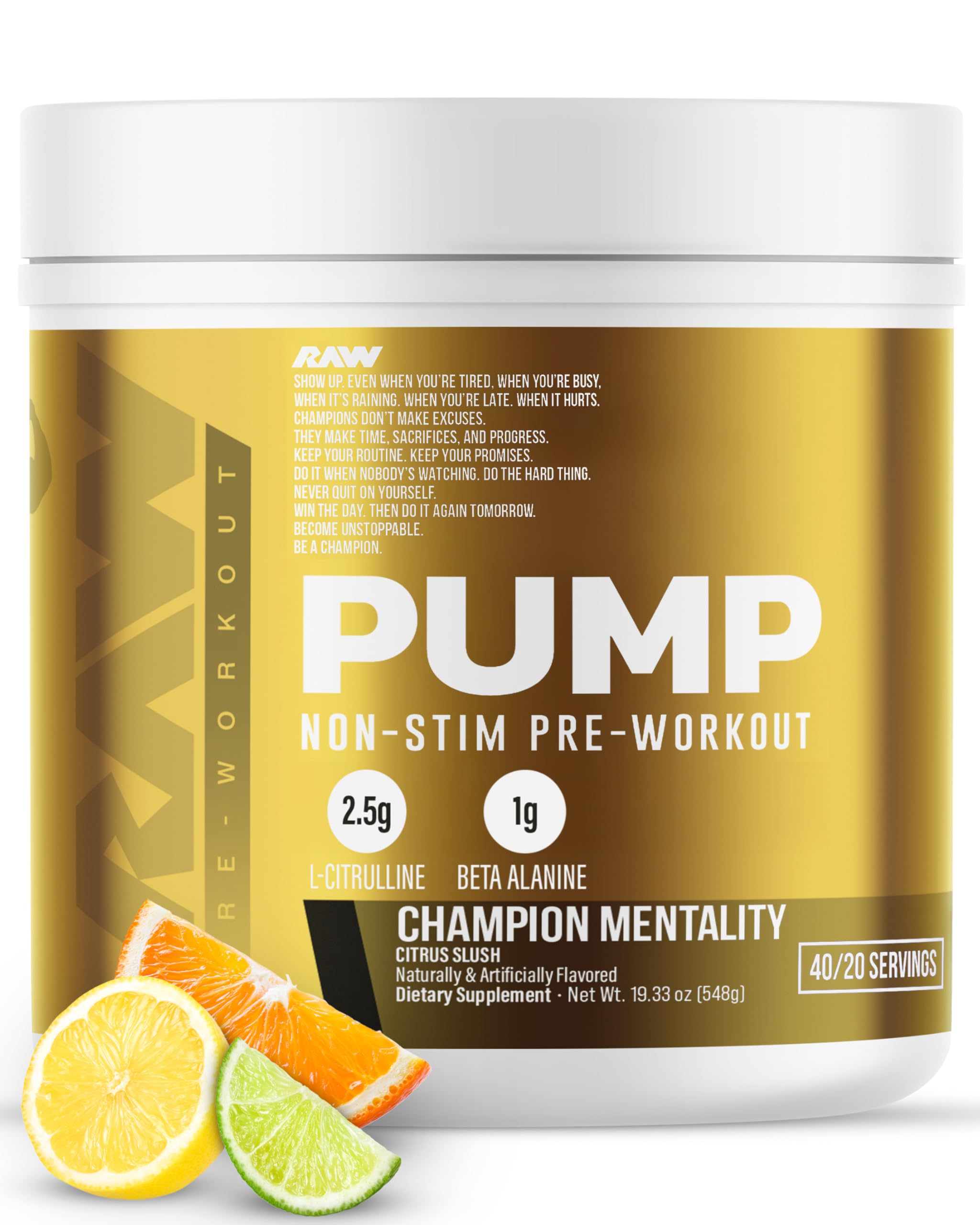 RAW Pump Stim Free Pre Workout (Watermelon) - Non-Stimulant Pre Workout Supplement Powder Nitric Oxide Booster - Pre Workout Supplements Drink for During Workout - 40 Servings