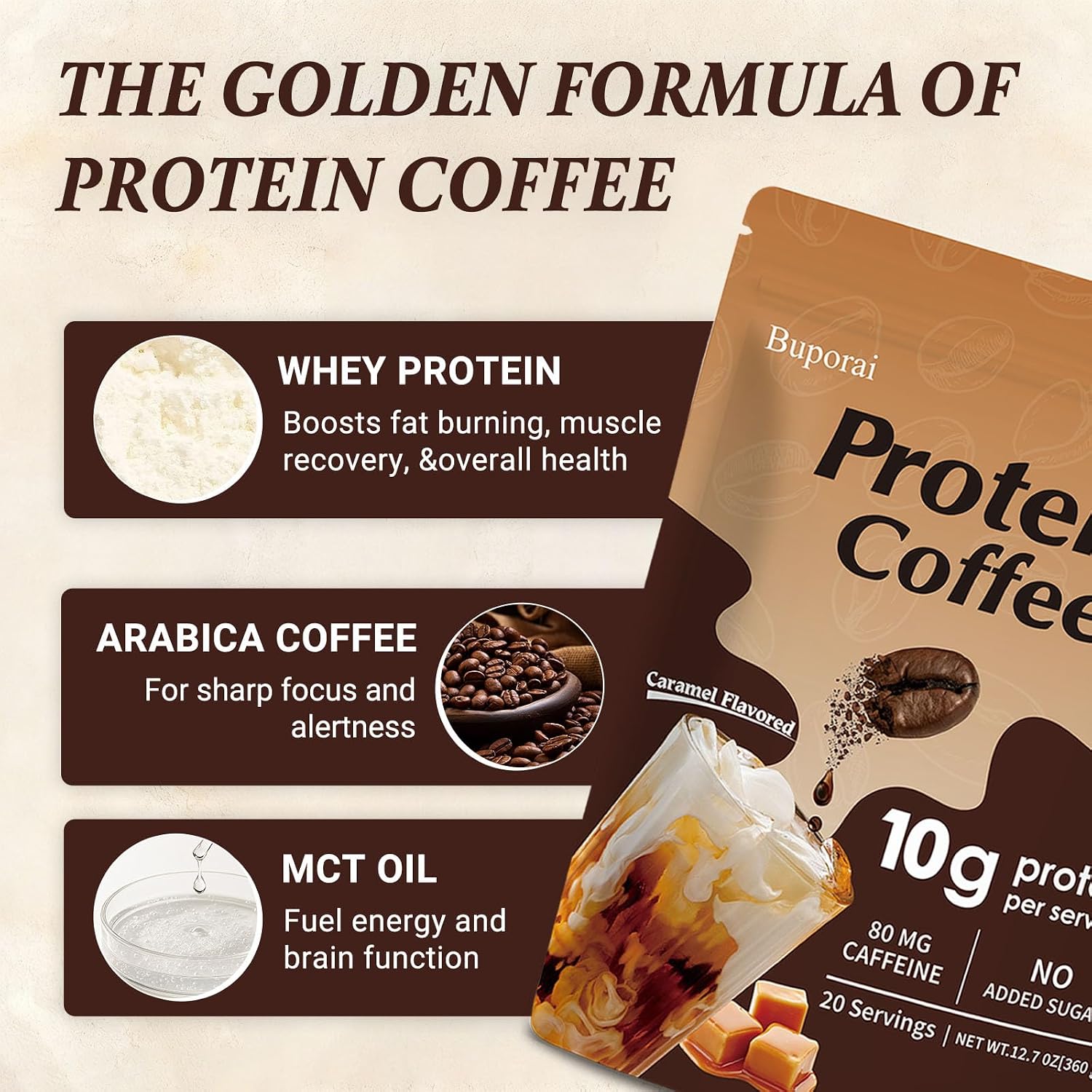 Caramel Protein Coffee Powder - Instant Iced Coffee, Sugar Free, Keto Friendly, 10 g Protein, 80 mg Caffeine Per Serving - 20 Servings