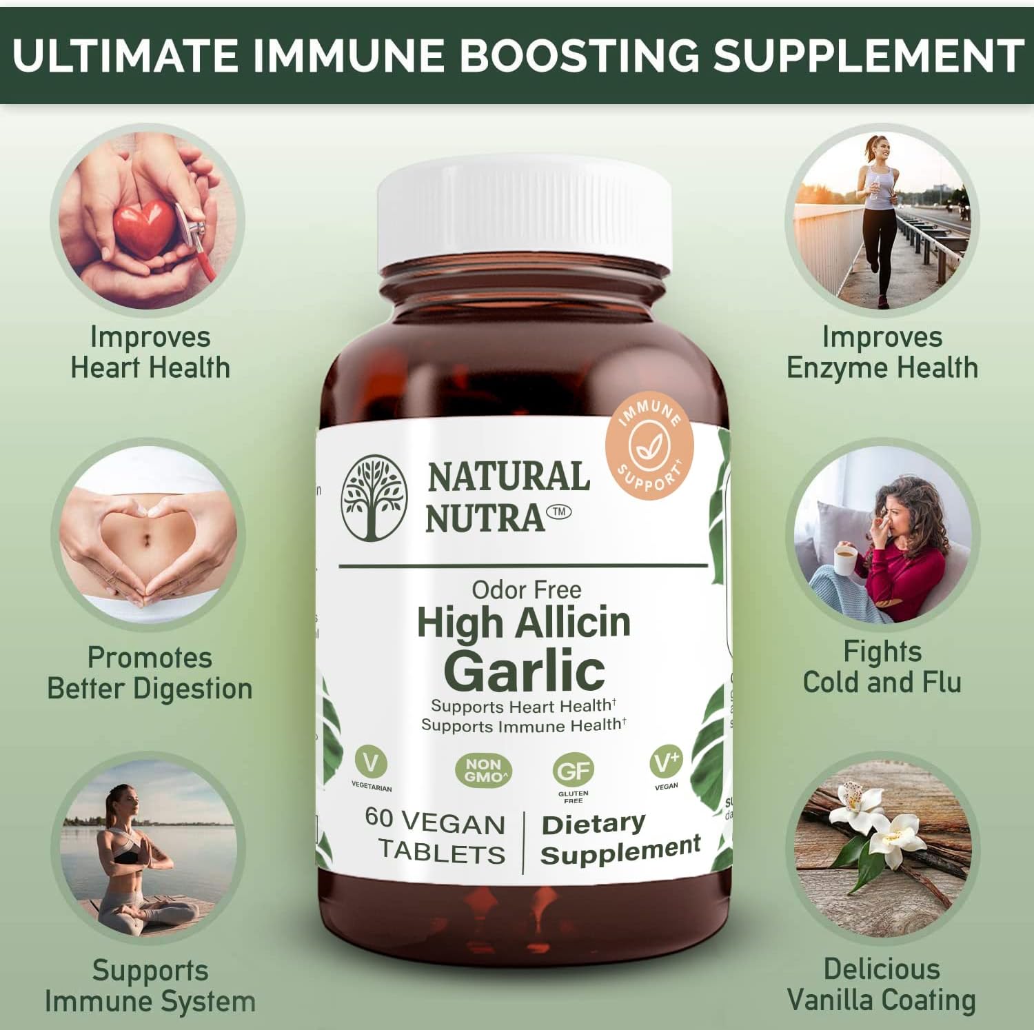 Natural Nutra High Allicin Garlic Supplement, Supports Immune System, Improve Heart Health, Improve Enzymes Health, Better Digestion, Fights Cold and Flu, Vanilla Coating, 500mg, 60 Vegan Tablets