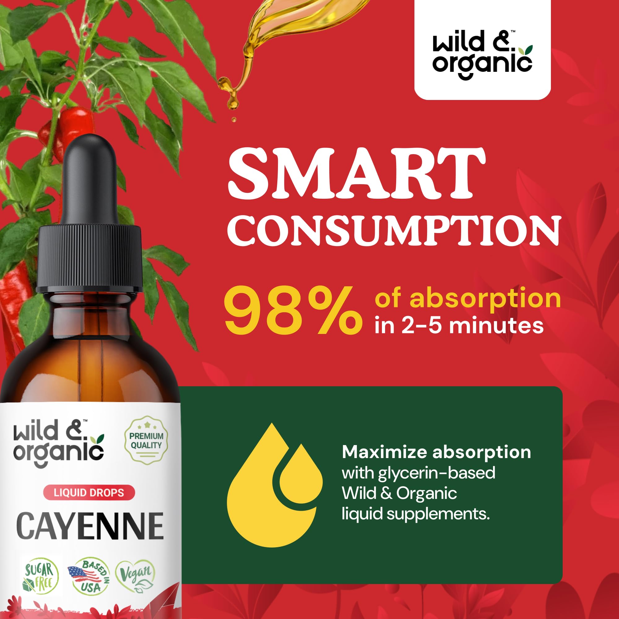 Wild & Organic Cayenne Pepper Drops - Antioxidant & Digestive Support - Capsaicin Supplements - Fast Absorbing Liquid Cayenne Pepper Extract Tincture - No Spicy Aftertaste, Alcohol-Free - 4 fl oz
