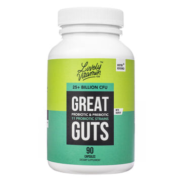 Supplement bottle labeled 'Great Guts' with Lively Vitamin branding on a white background