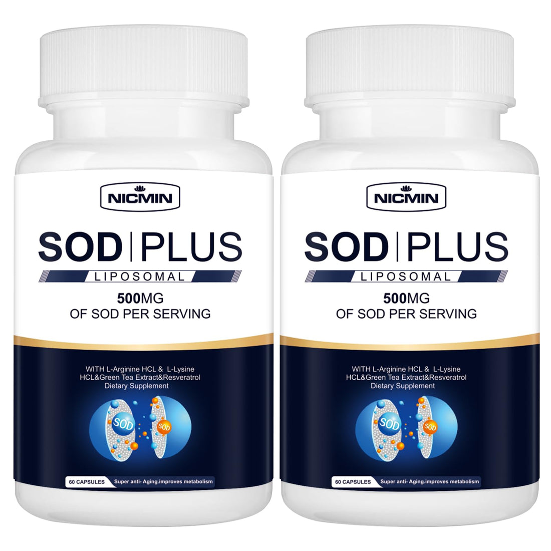 NICMIN 500MG Superoxide Dismutase Supplement - SOD Plus with Liposomal Glutathione, AKG, Green Tea Extract, L-Arginine, Lysine, Resveratrol and Vitamin E for Immune Support, Antioxidant 120 Capsules NICMINBuy Supplements Australia