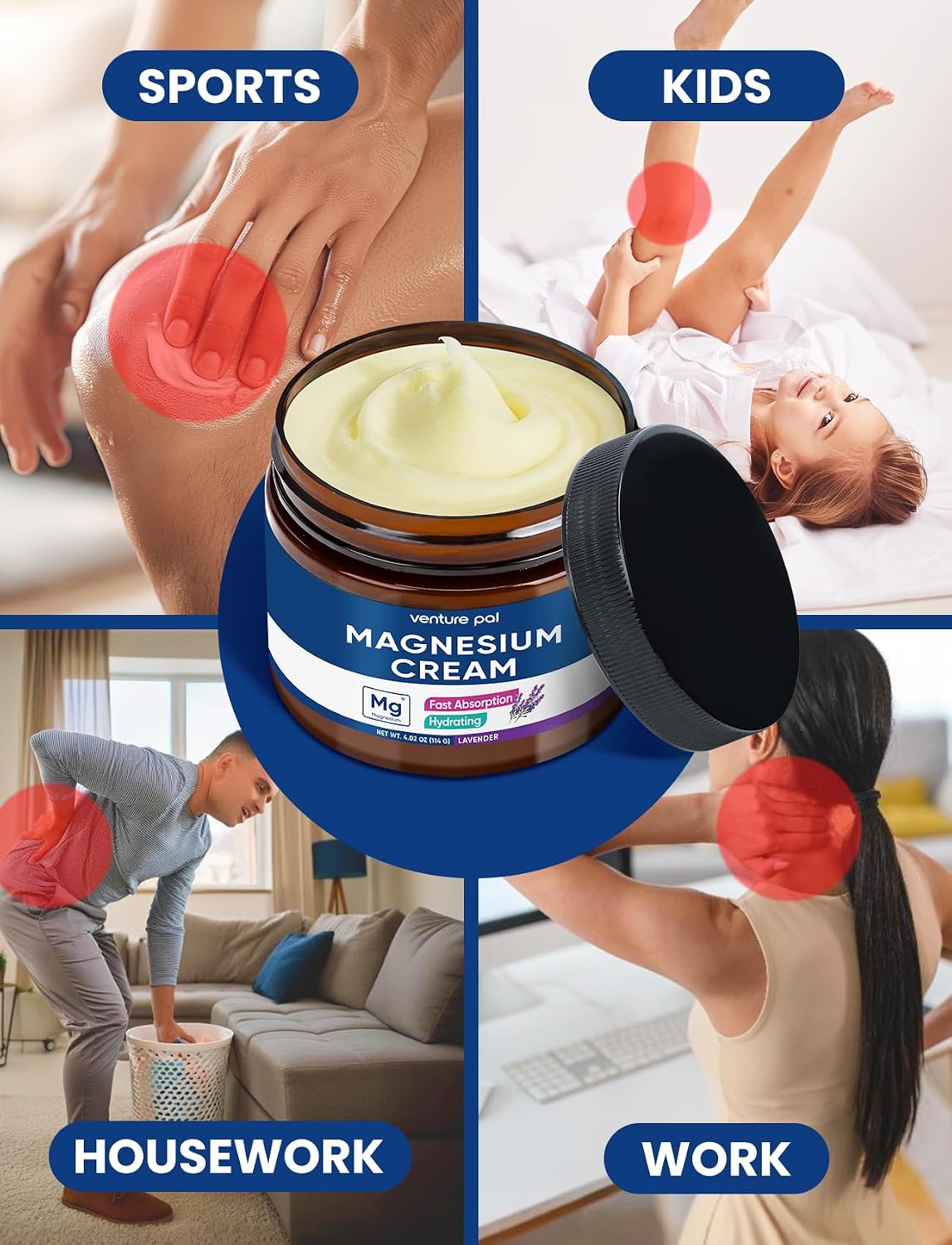 Venture Pal Topical Magnesium Cream, Highly Concentrated Magnesium Lotion | Fast-Absorbing Magnesium Moisturizing Cream with Coconut Oil, Shea Butter & Hyaluronic Acid; Suitable for Kids