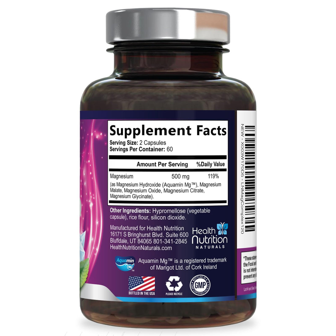 Bottle of Health Nutrition Naturals Magnesium Complex Extra Strength supplement on a white background