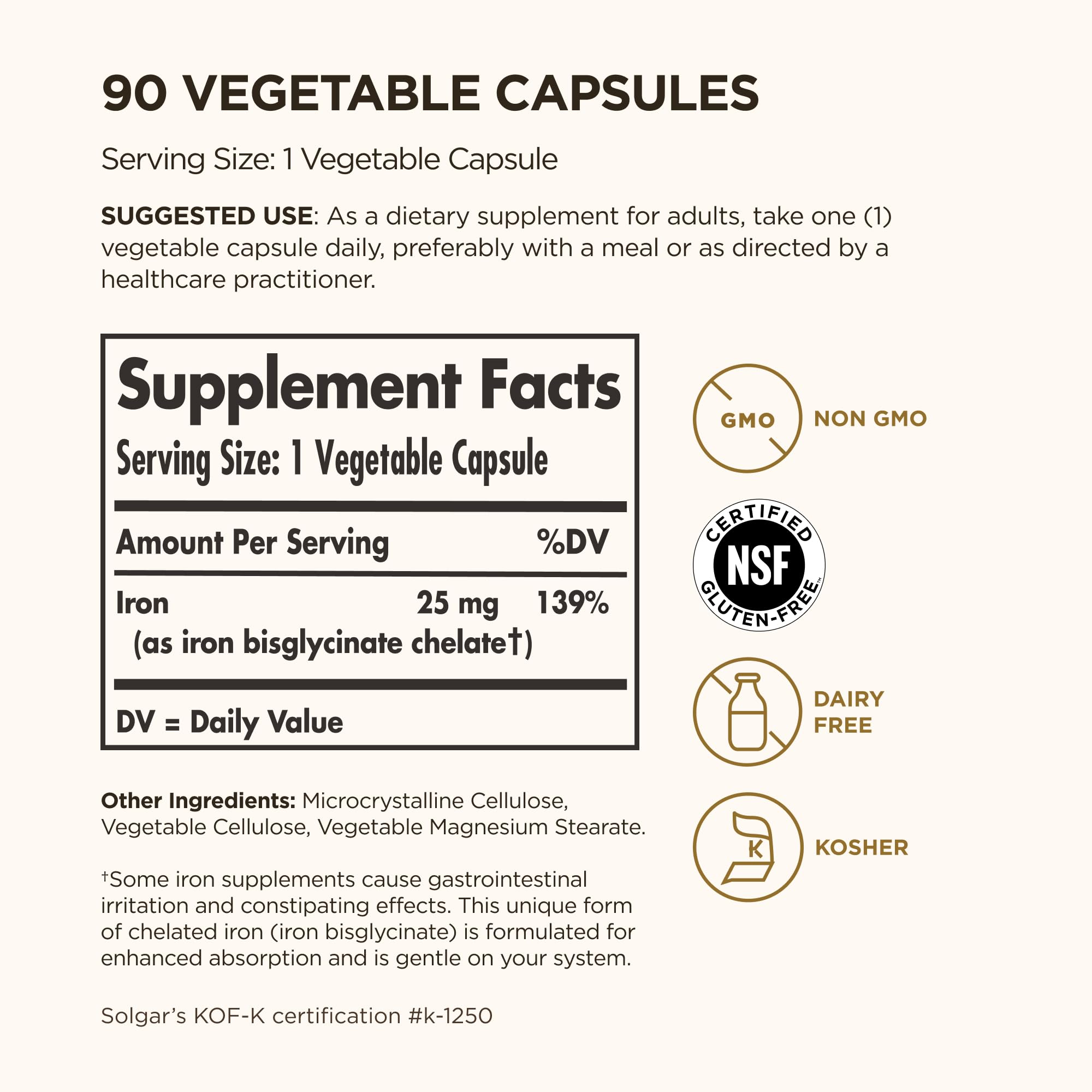Solgar Gentle Iron, 180 Vegetable Capsules - Ideal for Sensitive Stomachs - Non-Constipating - Red Blood Cell Supplement - Non GMO, Vegan, Gluten-Free, Dairy Free, Kosher - 180 Servings