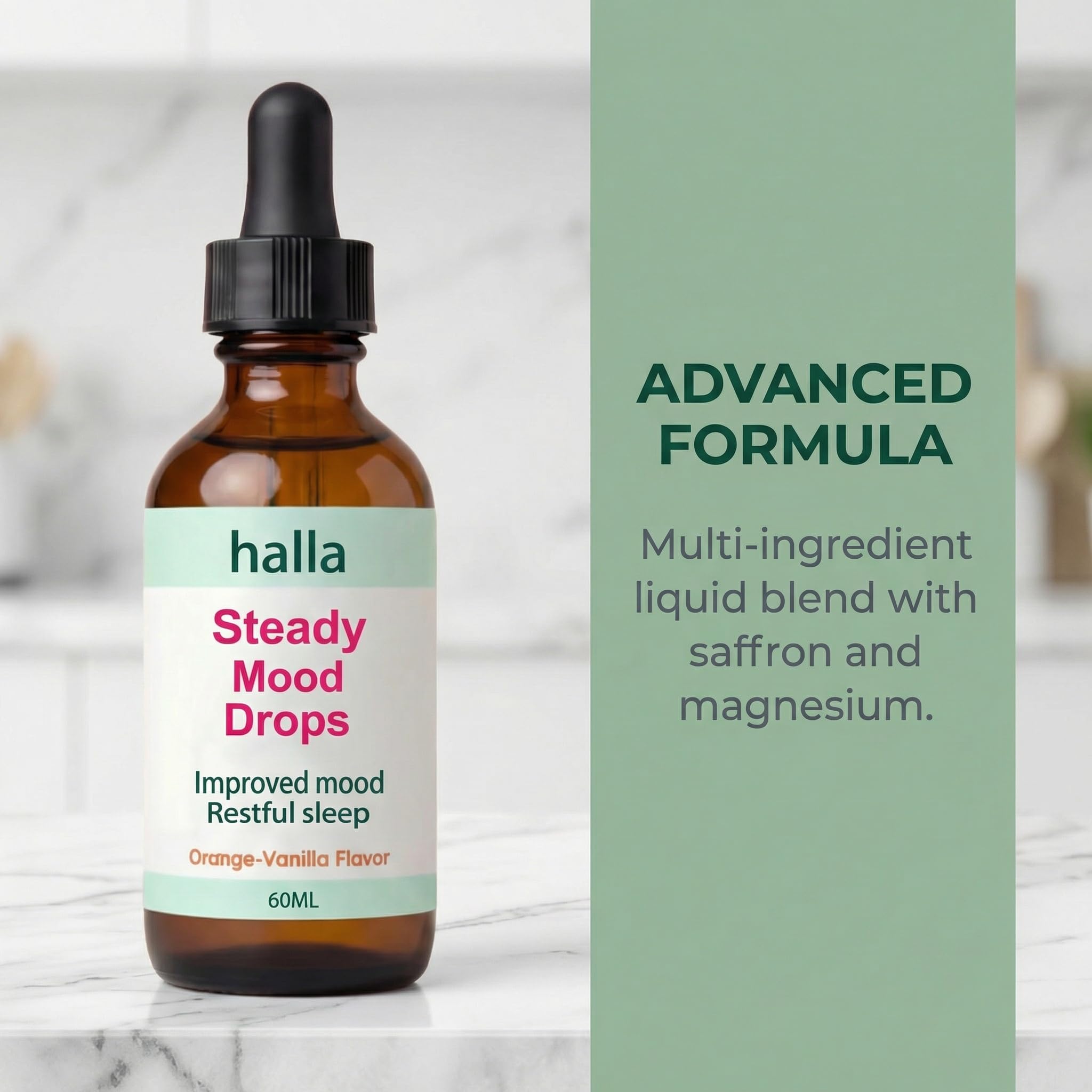 Halla Steady Mood Drops, with Saffron Extract – Fast Absorption Cognitive & Emotional Balance Supplement – Advanced Brain Nutrient Blend – Orange Vanilla Flavor, 2 fl oz