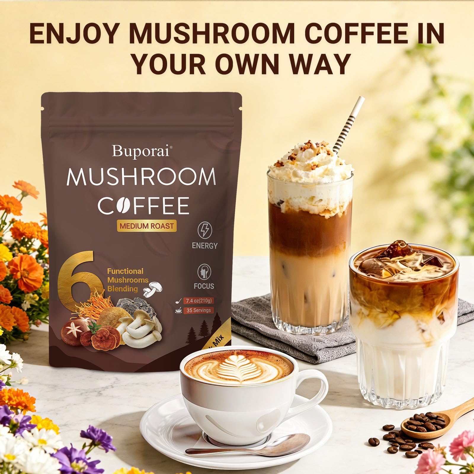 Mushroom Coffee, Instant Mushroom Coffee Organic with 6 Mushrooms Lion’s Mane, Cordyceps, Turkey Tail & Other for Energy, Focus, Digestion, Immunity, 35 Servings