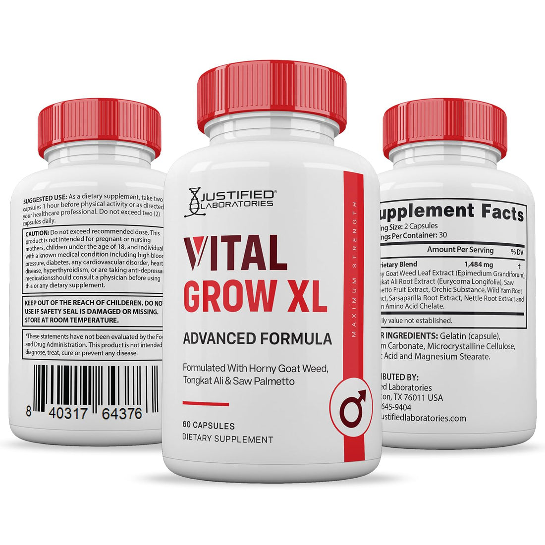 Two bottles of Justified Laboratories Vital Grow XL dietary supplements on a white background