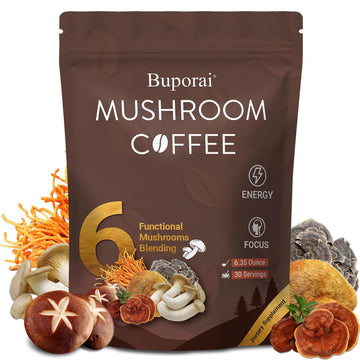 Mushroom Coffee, Instant Mushroom Coffee with 6 Mushrooms | Lion’s Mane, Cordyceps, Turkey Tail & Other for Energy, Focus, Digestion, Immunity, 30 Servings