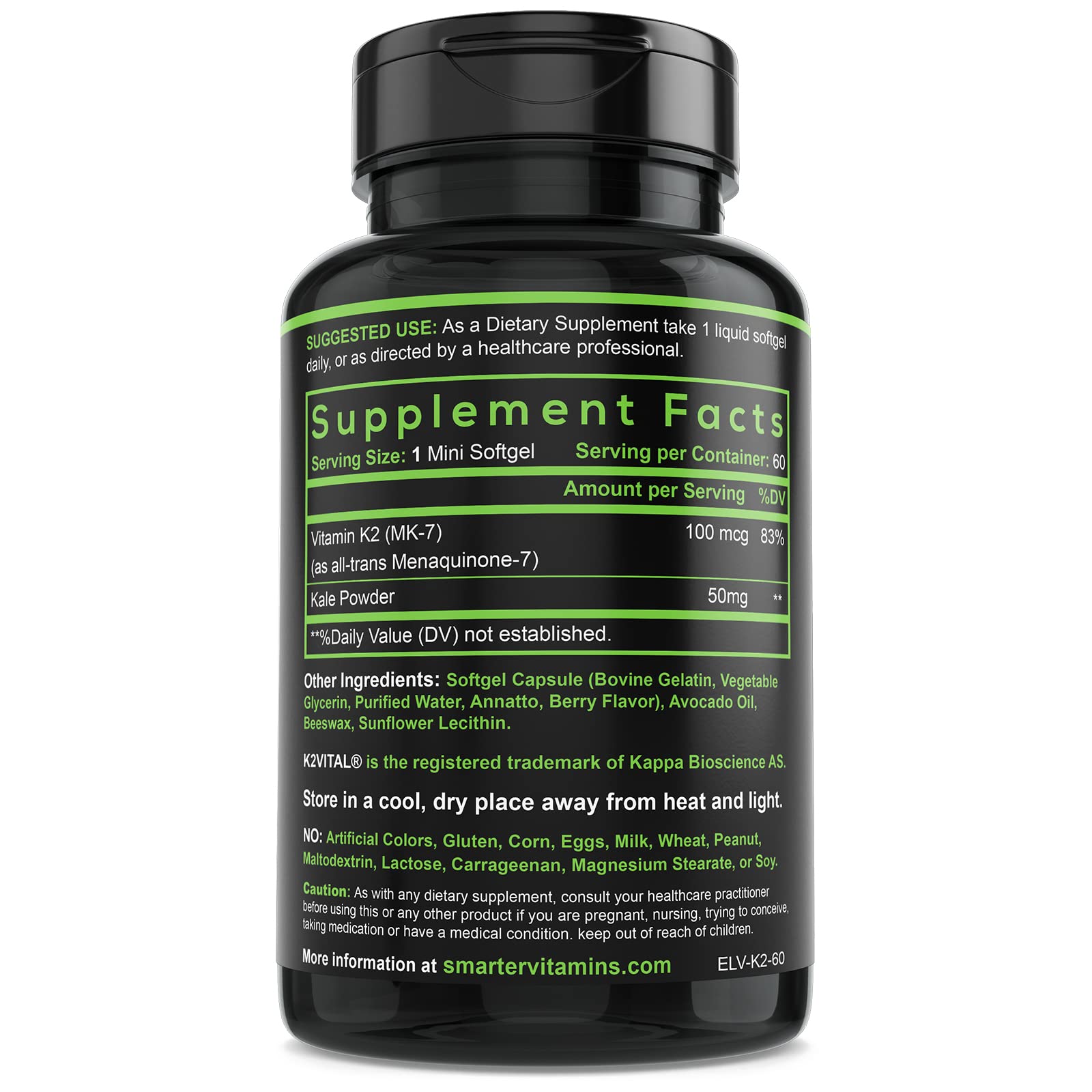Vitamin K2 MK7 100mcg with K2VITAL for Bone & Heart Support – 60 Softgels | Made with K2VITAL MK-7 and kale powder in convenient liquid softgels for daily vitamin K2 supplementation.