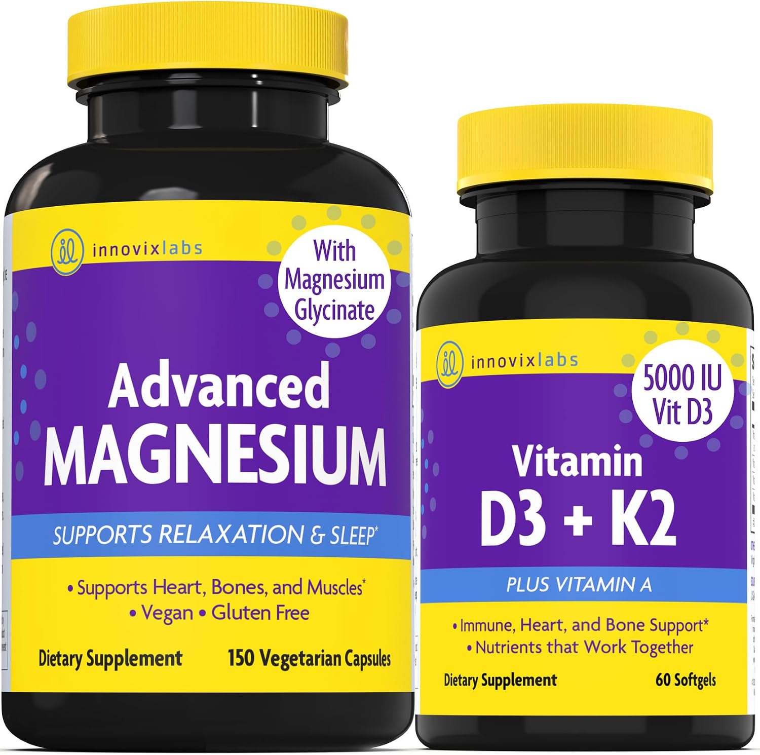 Magnesium & D3 Bundle: InnovixLabs Advanced Magnesium (150 Time-Release Capsules) and InnovixLabs Vitamin D3 +K2 Supplement (60 Softgels). Optimal Calcium Absorption, Supports Bone and Immune Health.*
