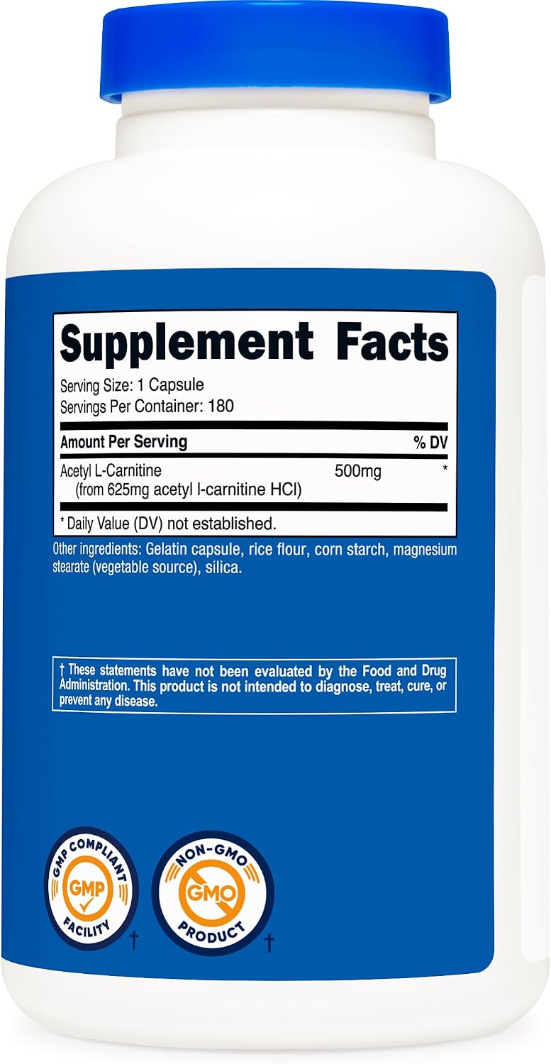 Nutricost Acetyl L-Carnitine (ALCAR) 500mg, 180 Capsules | GMO-Free and Gluten Free, 180 Servings