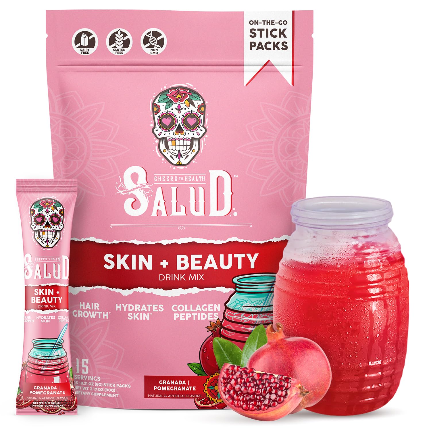 Salud 2-in-1 Skin + Beauty Drink Mix, Strawberry Kiwi | Collagen Peptides with Verisol, Hyaluronic Acid, Vitamin C, Biotin + Lustriva, Hydration Sticks, Gluten Free (15 Servings)