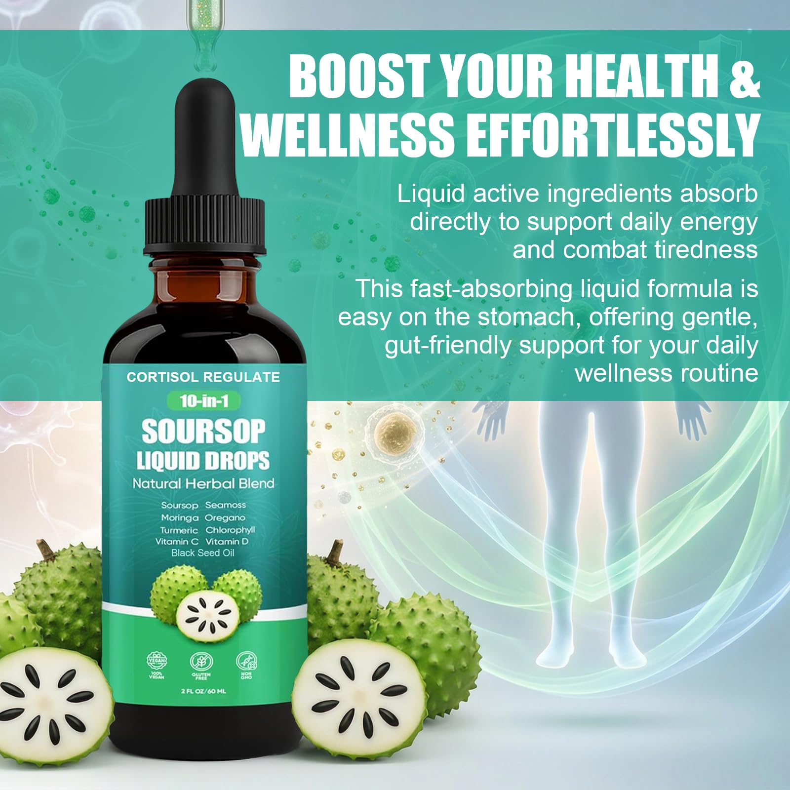 CORTISOL REGULATE Soursop Liquid Drops, 10-in-1 Blend with Sea Moss, Moringa, Turmeric, Black Seed Oil, Oregano, and More, 2 fl oz (1 Pack) CORTISOL REGULATE buy supplements Au