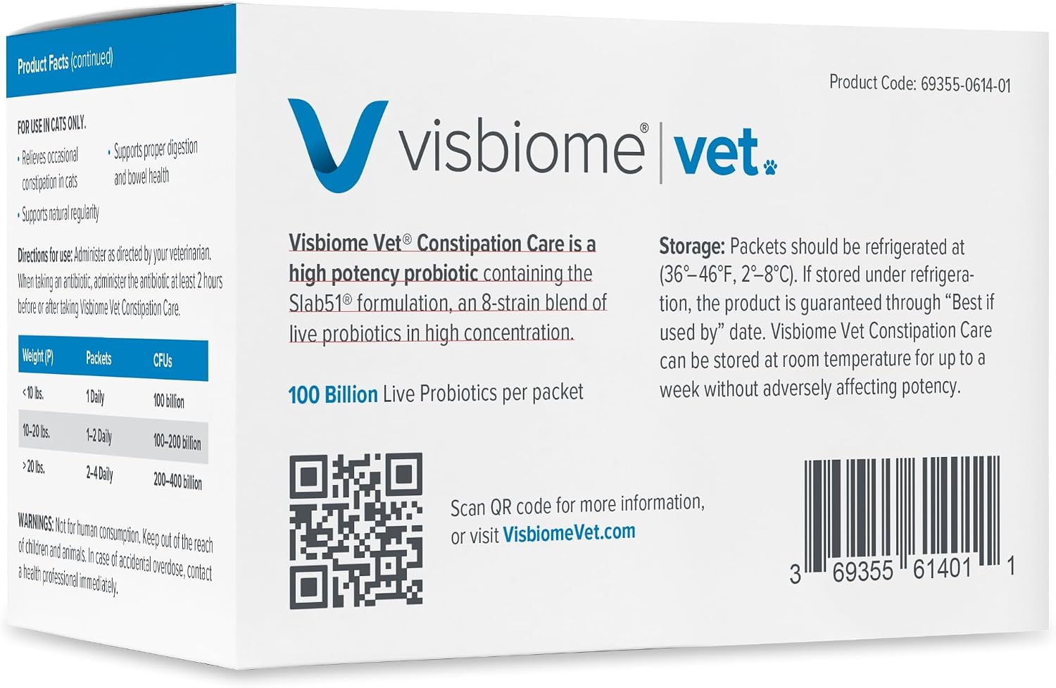 Visbiome® Vet Constipation Care Probiotic for Cats, 100B CFU, 30 Packets | Veterinarian Recommended, Slab51® Formulation, Multi-Strain, Refrigerated Probiotics, Weight-Based Dosing