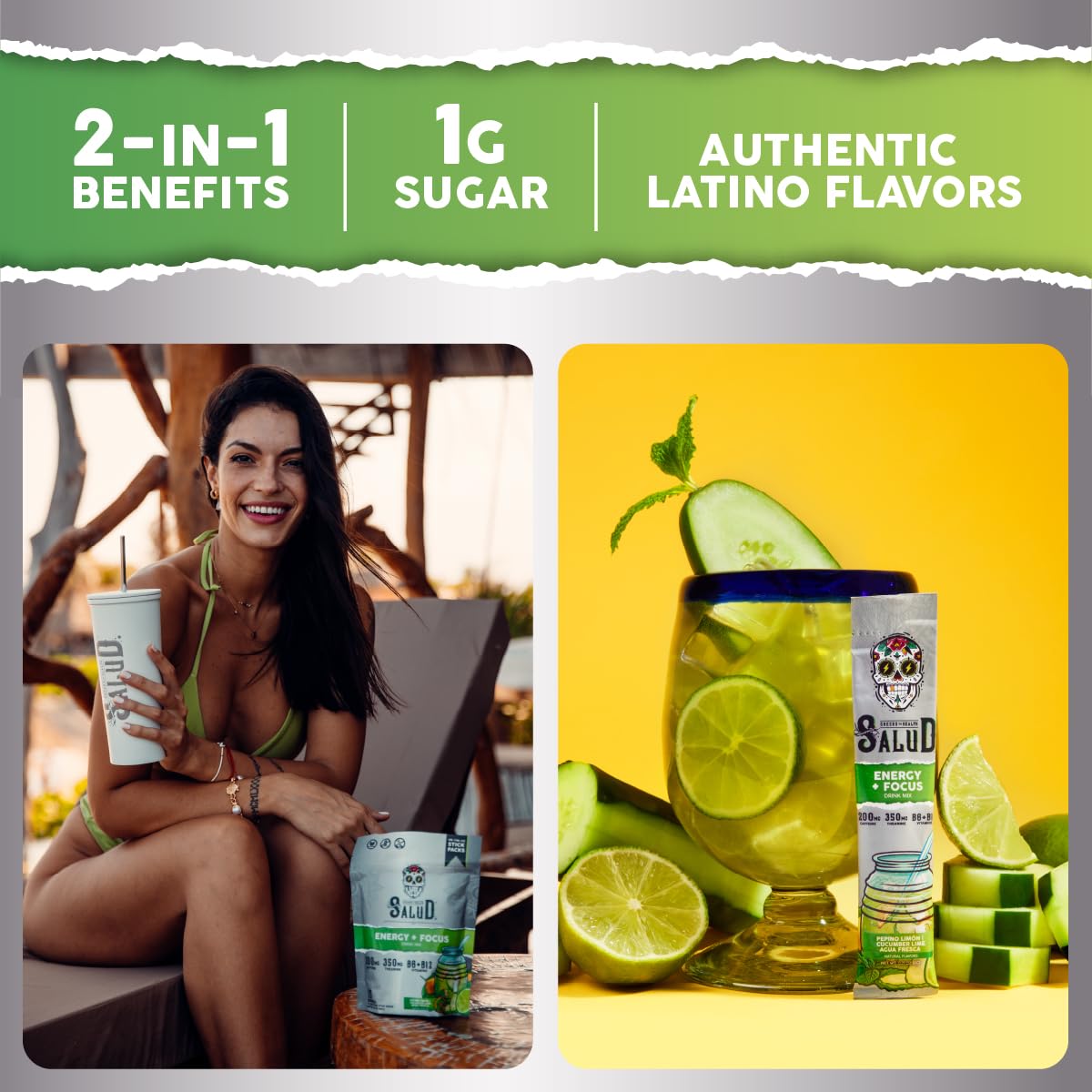 Salud 2-in-1 Energy + Focus Drink Mix, Hibiscus | Organic Caffeine, B6 + B12, Theanine, Clean Energy Packets, Agua Fresca Mix, Non-GMO, Gluten Free, 1g of Sugar (15 Servings)