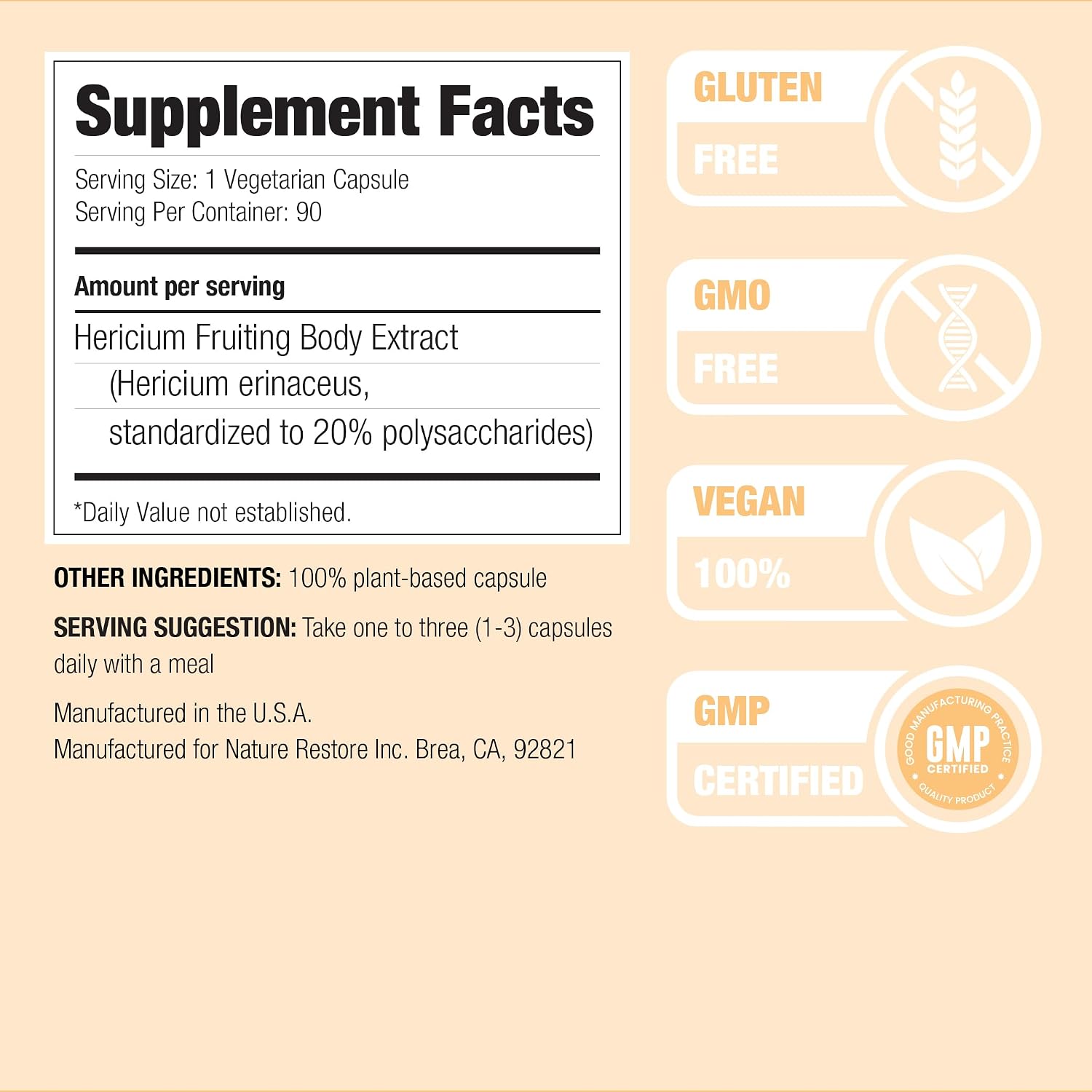 Nature Restore Hericium Erinaceus Lion’s Mane Mushroom Extract Capsules. Standardized High Polysaccharides for Brain Fog, Memory & Focus Support. Bioavailable Fruiting Body Nootropic, 90 Capsules