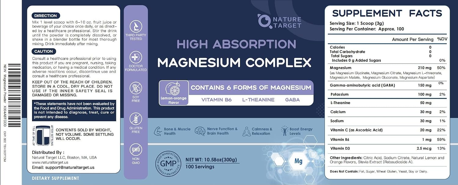 NATURE TARGET Magnesium Powder Supplement for Women & Men, 100 Servings | Magnesium Complex With L-Theanine And Vitamin B6 For Muscle, Heart And Brain Support; Vegan, Sugar-Free, Lemon-Orange Flavor