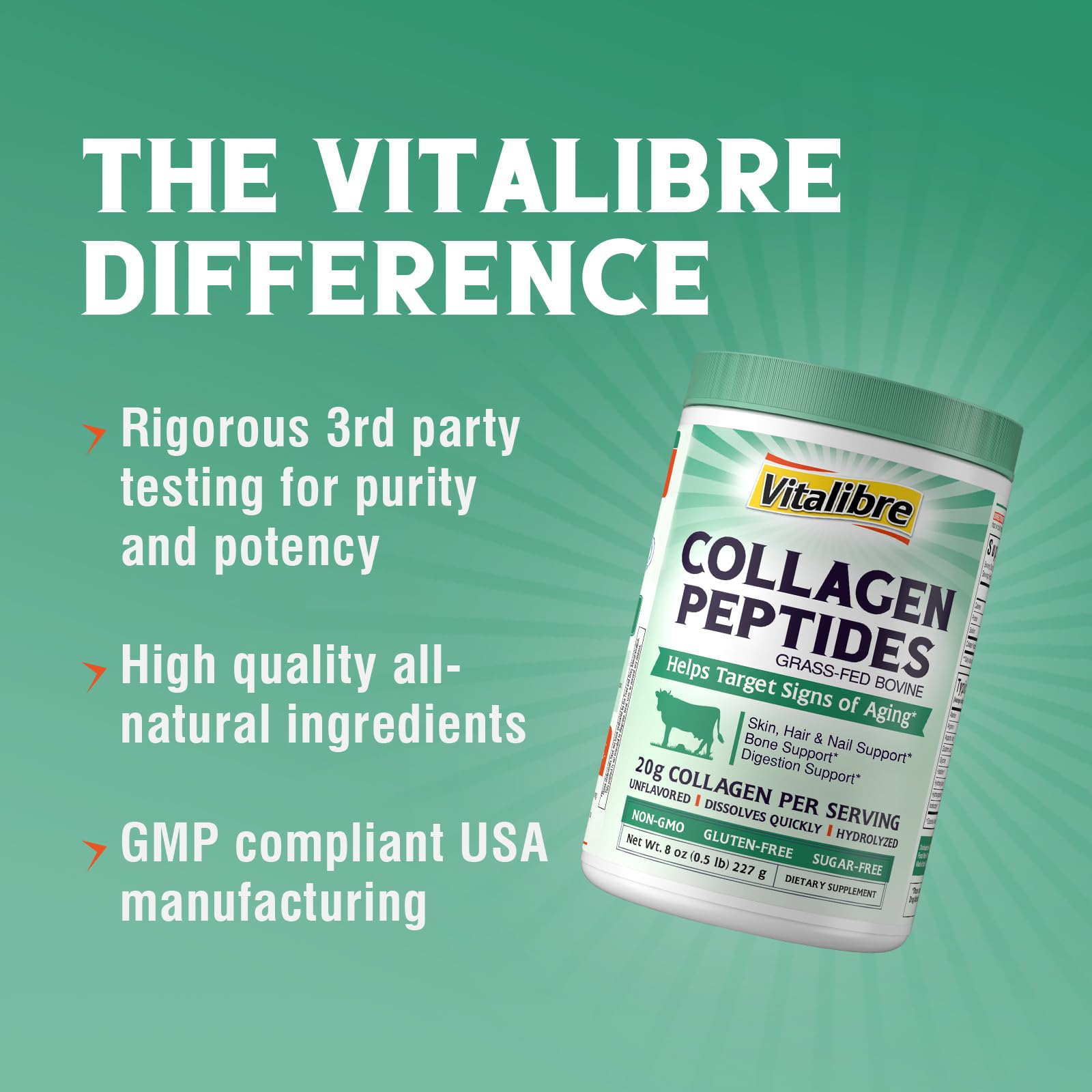 Vitalibre Bovine Collagen Peptides Powder for Women and Men, Grass-Fed Hydrolyzed Collagen Protein Type I & III, Skin, Hair, Nails, Bones, Digestion, Unflavored, Non-GMO, Keto & GF, 22 Servings, 16oz