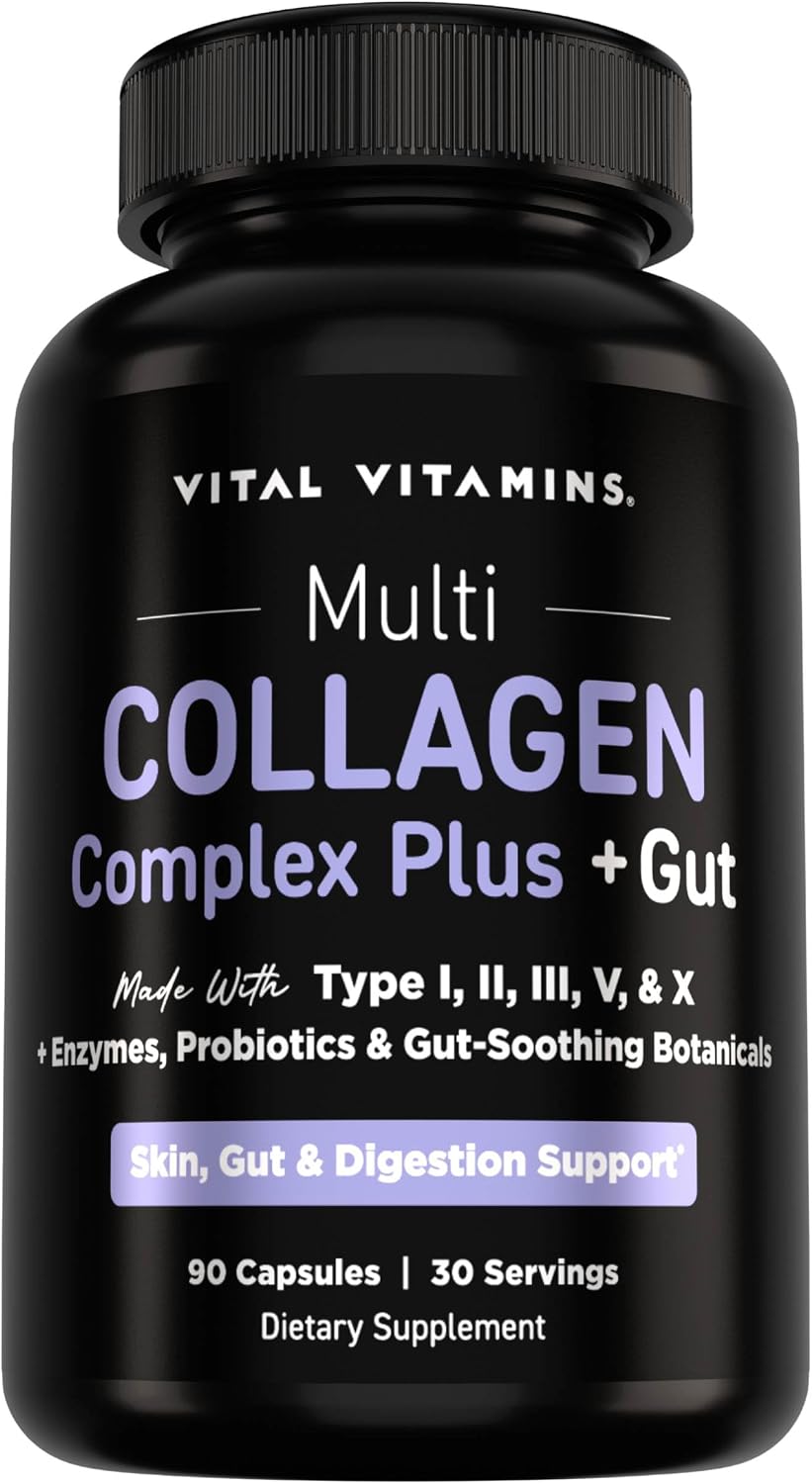 Vital Vitamins Multi Collagen Complex Plus + Gut, Probiotics & Enzymes | 5 Collagen Types I, II, III, V & X with Digestive Enzyme Blend, 3 Billion CFU Probiotic & Gut Botanicals, 90 Capsules