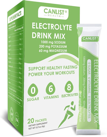 CANLIST Electrolyte Powder - Sugar Free Hydration Drink Mix with Sodium, Potassium, Magnesium - Vegan Friendly, Zero Calorie Electrolytes Supplement for Energy & Recovery (20 Stick Packets)