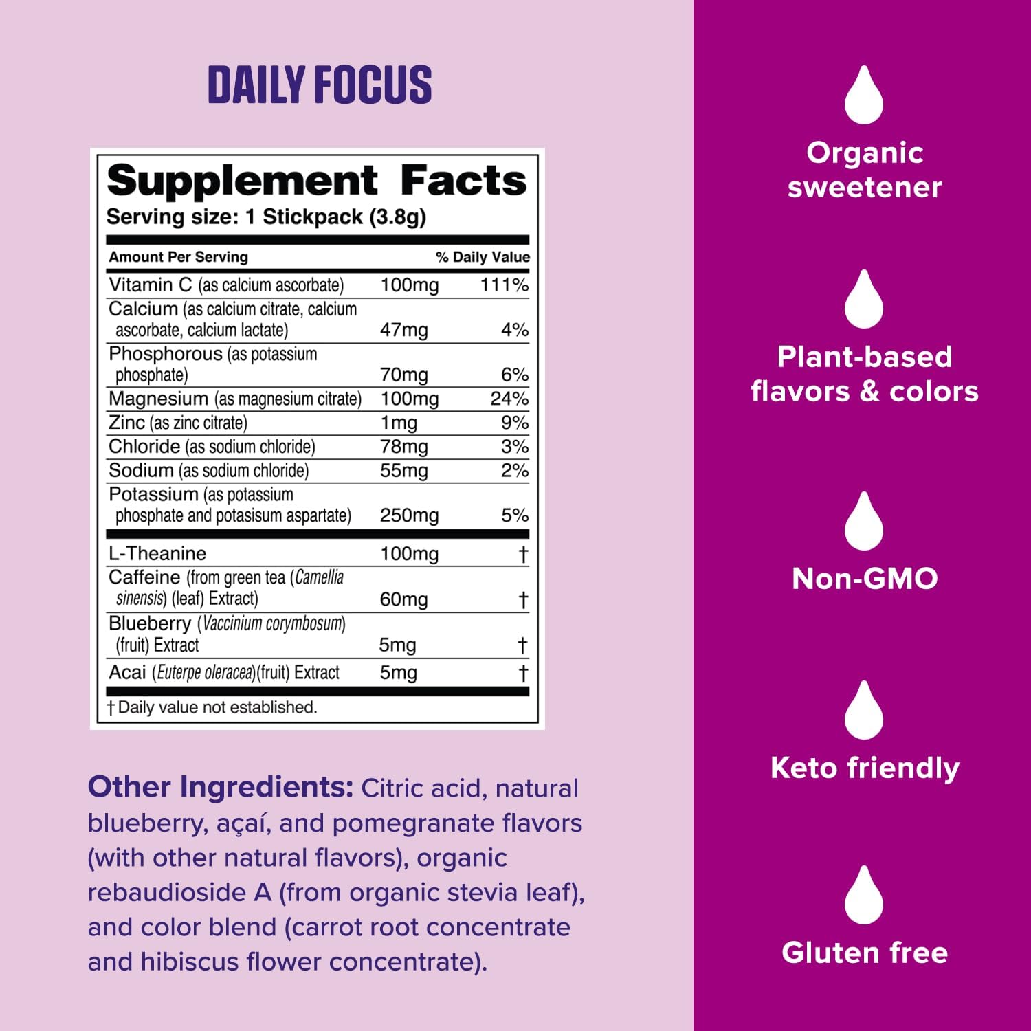 Ultima Replenisher Daily Focus Supplement, Acai Blueberry, 14 Stickpacks | Daily Zero Sugar Electrolyte Powder Hydration Packets with 6 Key Electrolytes & L-Theanine to Improve Focus - Keto Friendly