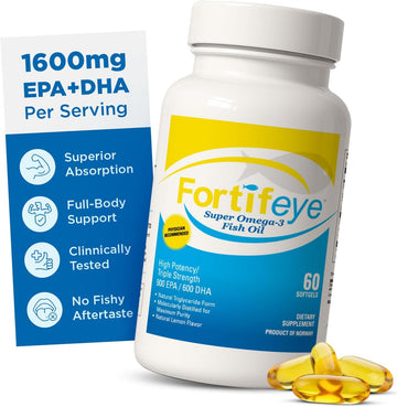 Fortifeye Super Omega-3 Fish Oil - 60 Count - 1600mg EPA + DHA - Triple Strength Ultra-Pure rTG Omega-3 Expertly Concentrated & Purified in Norway from Sustainably Sourced Wild Fish - Lemon Flavor