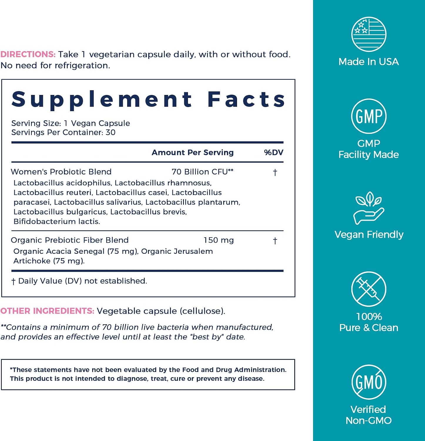 NewRhythm Women's Probiotics, Organic Prebiotics, 70 Billion CFU 10 Strains, Vaginal Probiotics for Urinary & Digestive Health, 30 Vegan Capsules, No Bloating