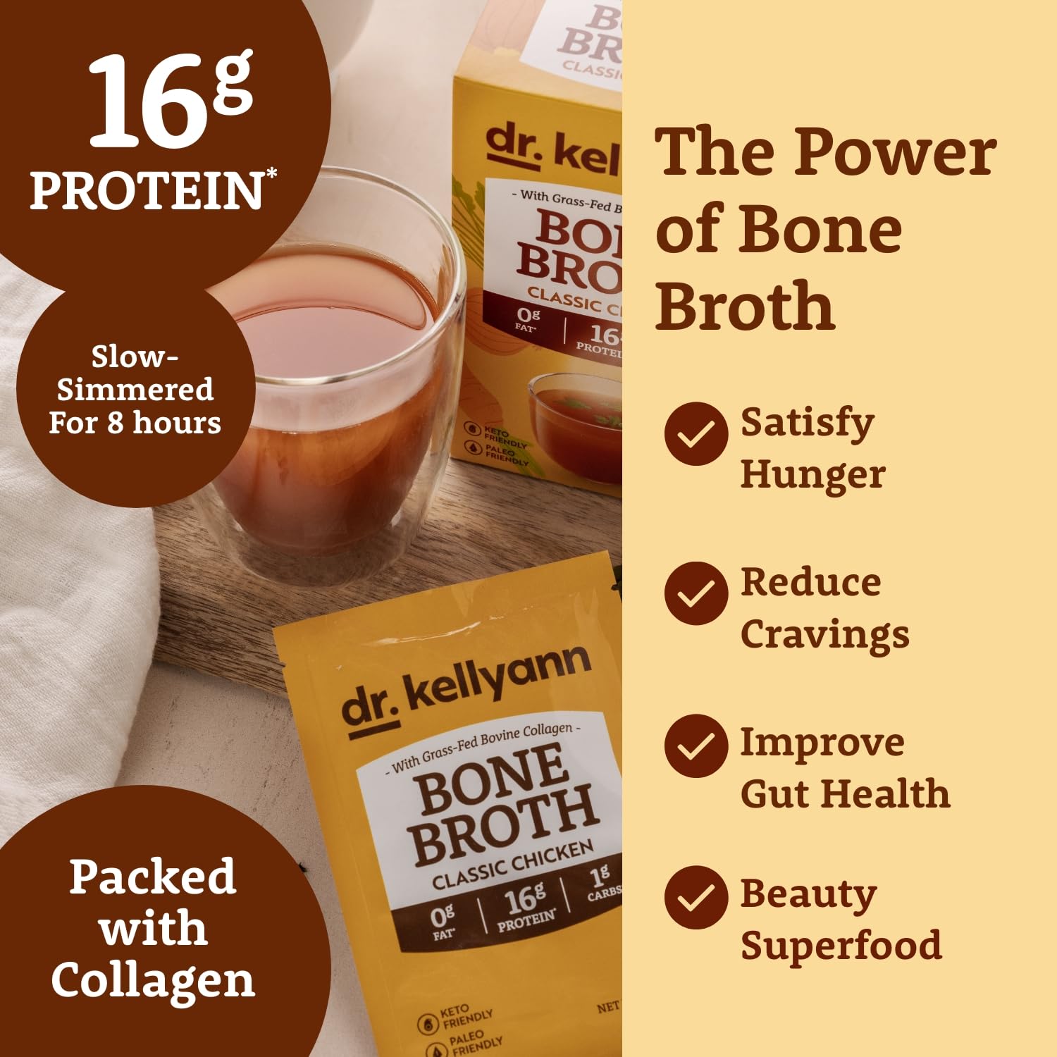 Dr. Kellyann Bone Broth Packets Variety Pack (3 Boxes, 21 Servings) – Classic Chicken, Thai Lemongrass & French Onion